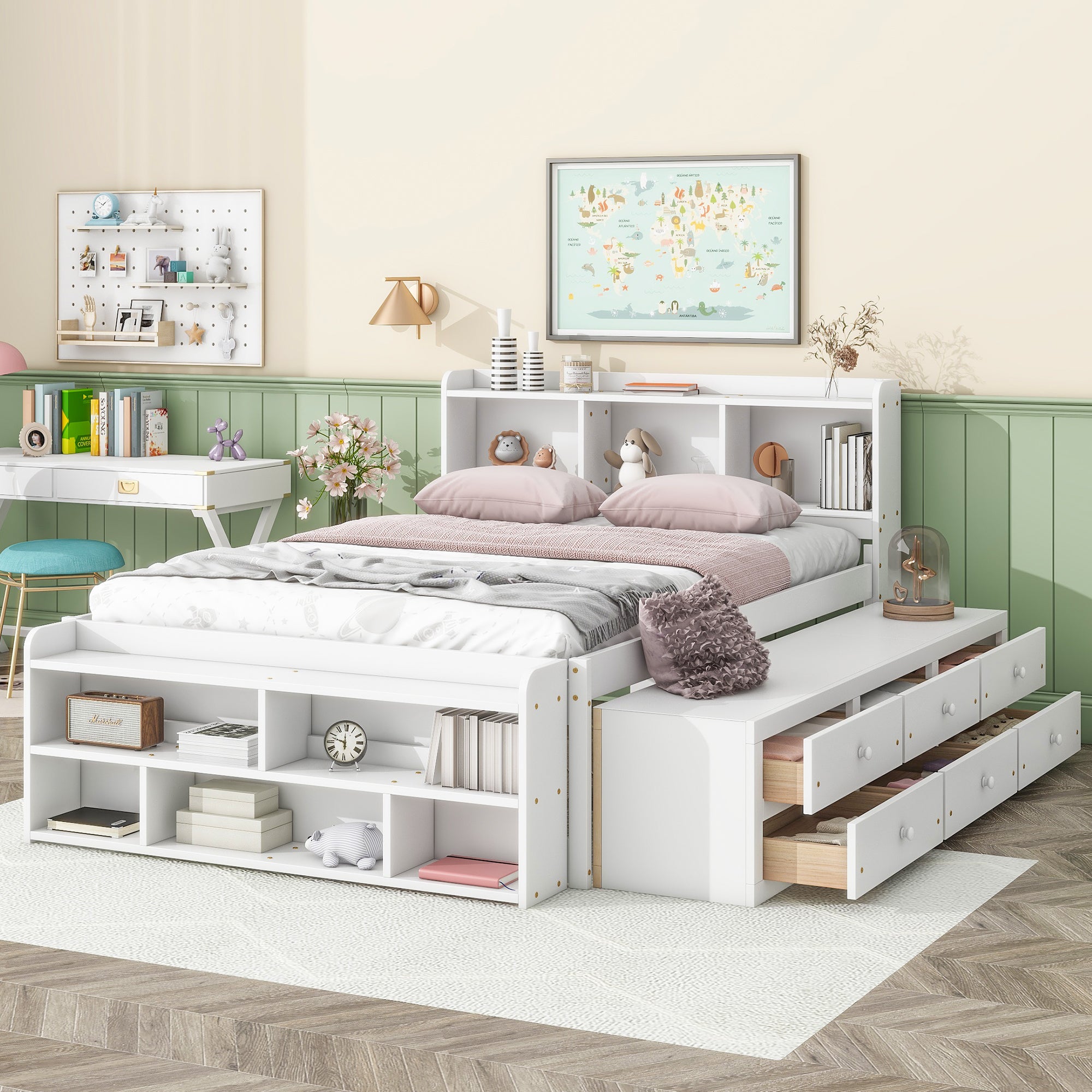 White Full Bed with Bookcase Headboard, Under-Bed Storage Drawers, and Bed-End Storage Case