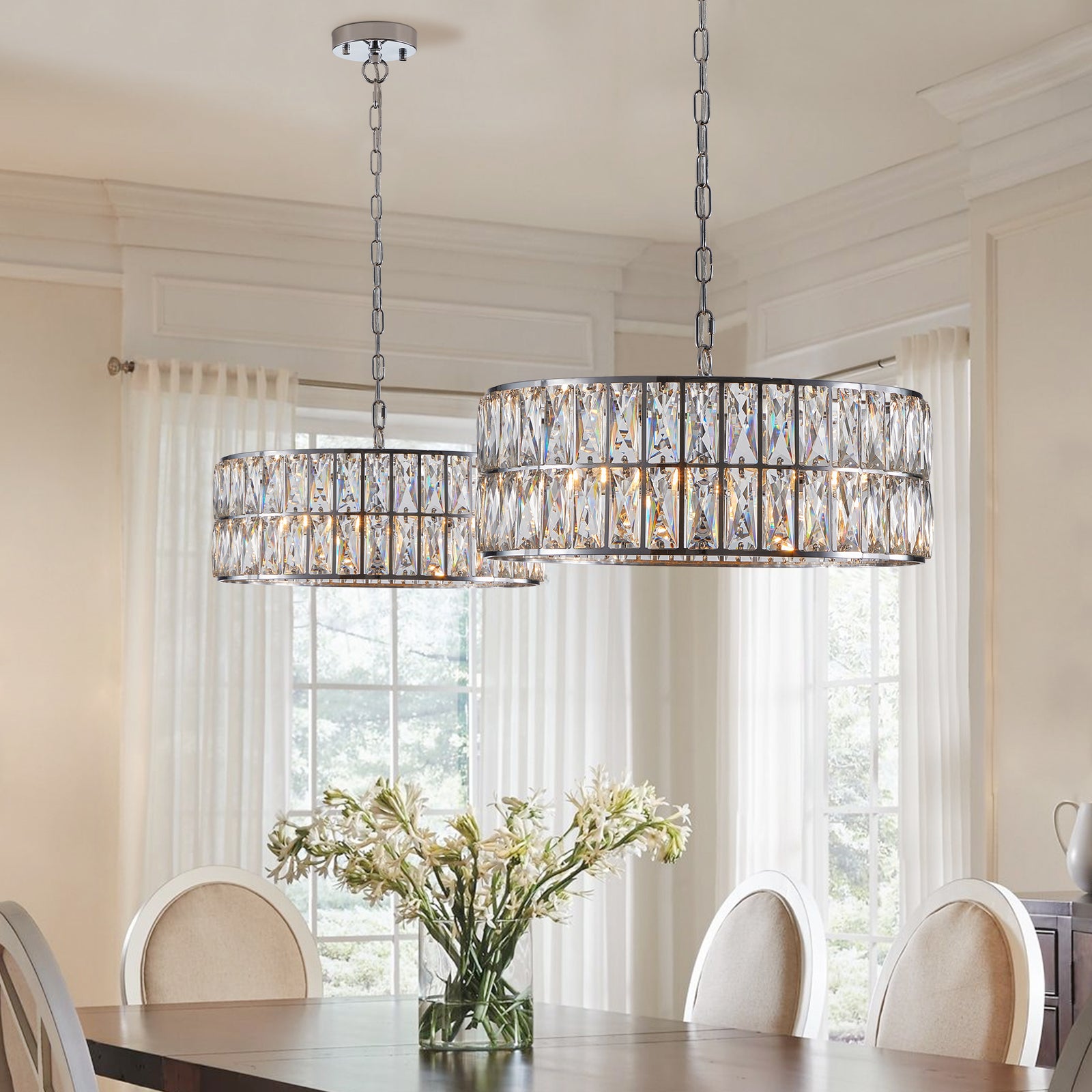 AESTIN'S DECOR Ceiling Light 6-Light Pendant Crystal Drum Chandelier with Silver Metal Frame