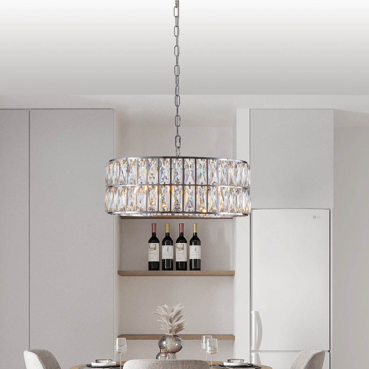 AESTIN'S DECOR Ceiling Light 6-Light Pendant Crystal Drum Chandelier with Silver Metal Frame