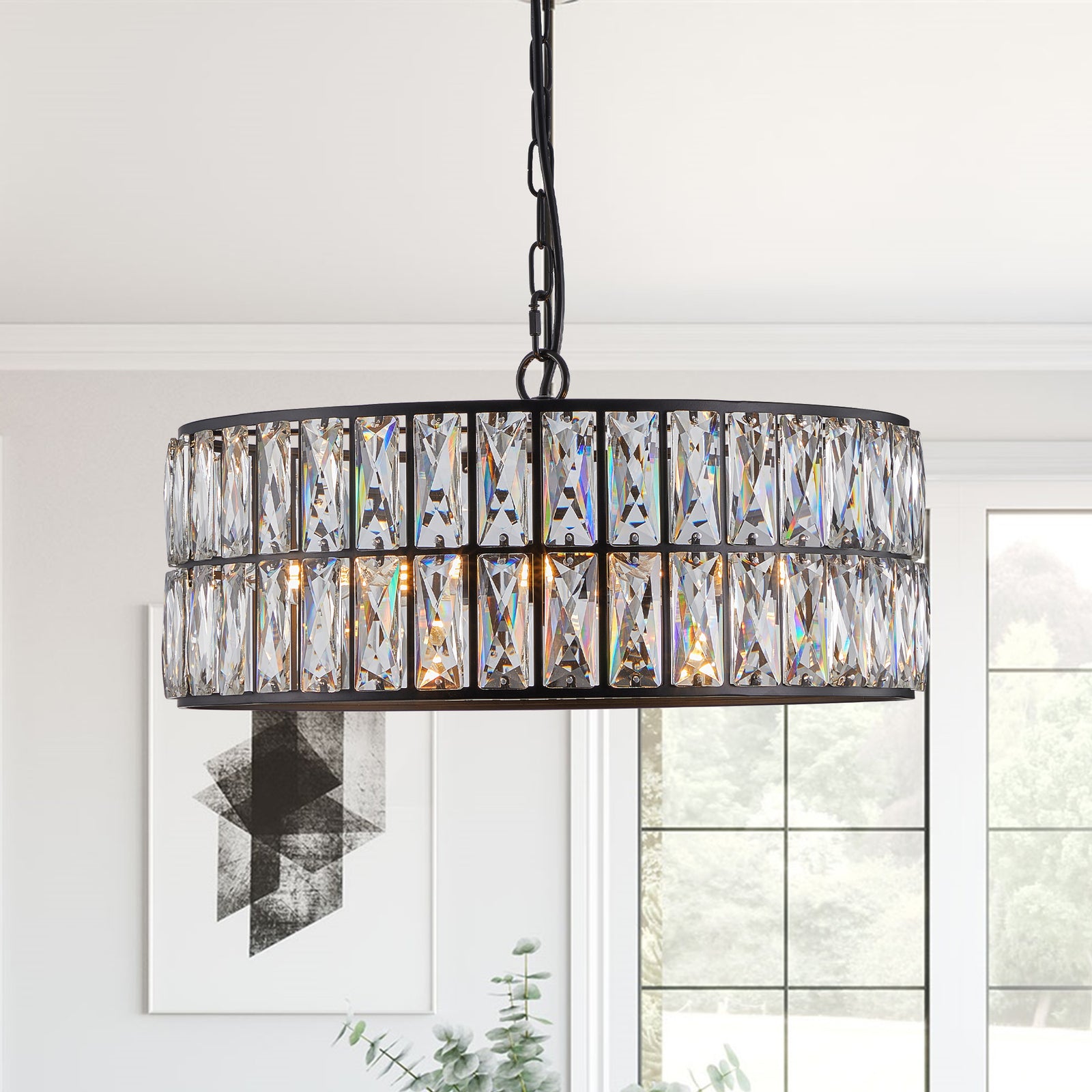 AESTIN'S DECOR Ceiling Light Black Metal Frame Crystal Drum Chandelier