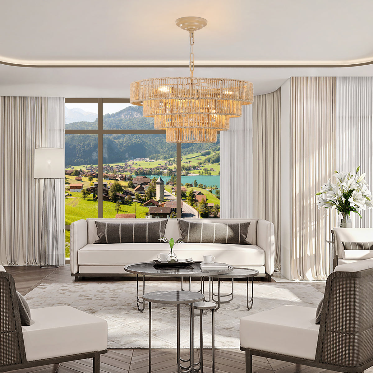 AESTIN'S DECOR Ceiling Light Bohemian Woven Rattan Farmhouse Chandelier with Adjustable Chain