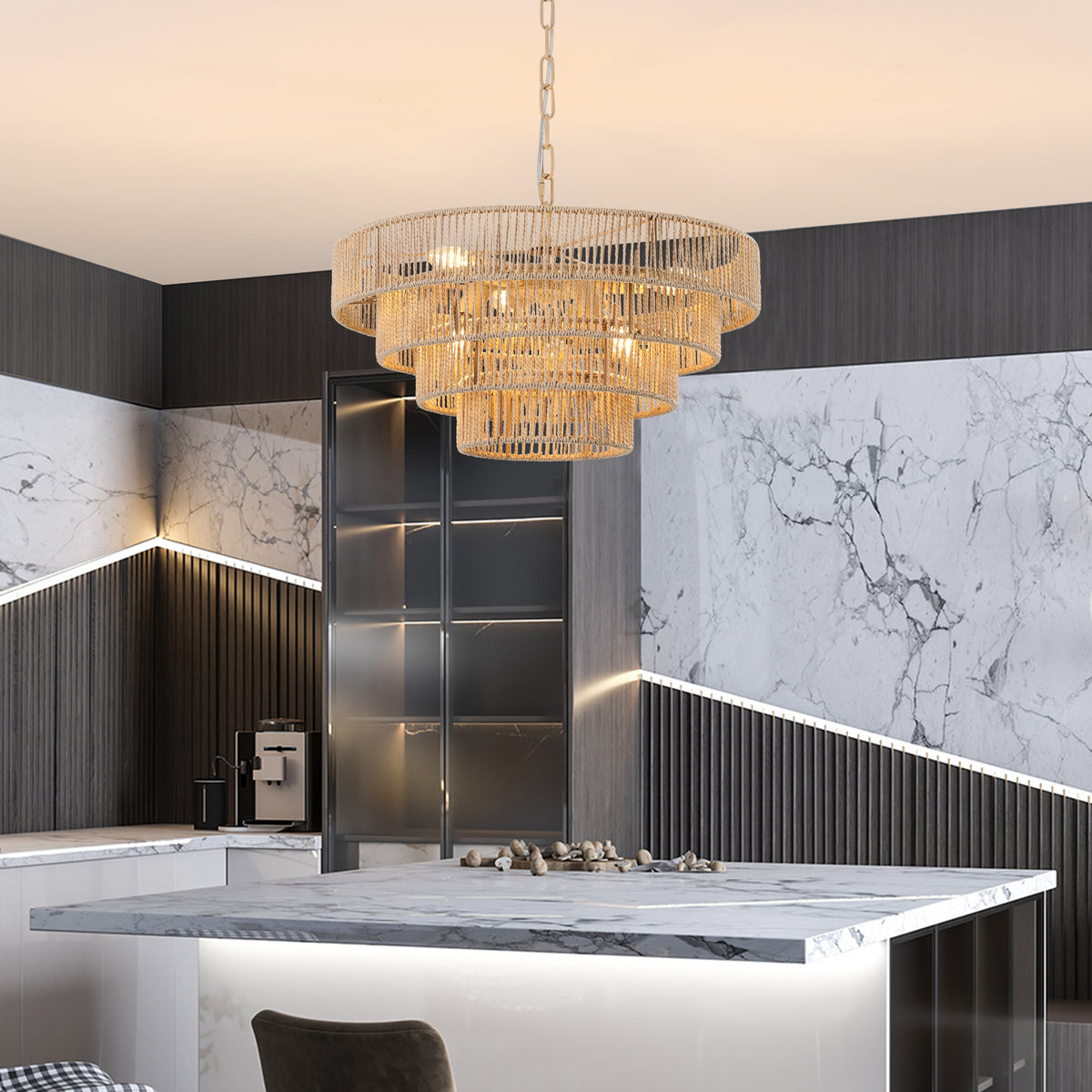 AESTIN'S DECOR Ceiling Light Bohemian Woven Rattan Farmhouse Chandelier with Adjustable Chain