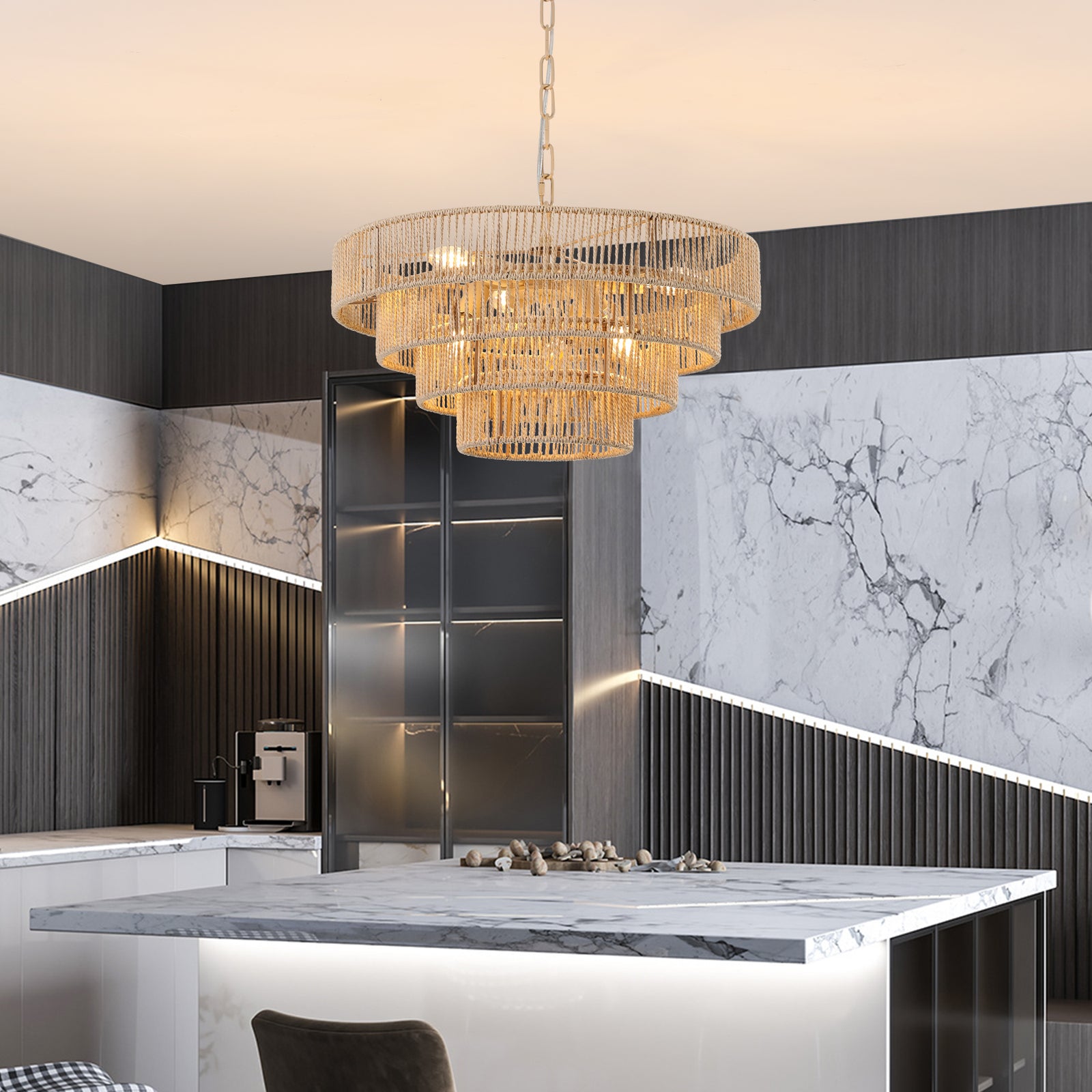 AESTIN'S DECOR Ceiling Light Bohemian Woven Rattan Farmhouse Chandelier with Adjustable Chain