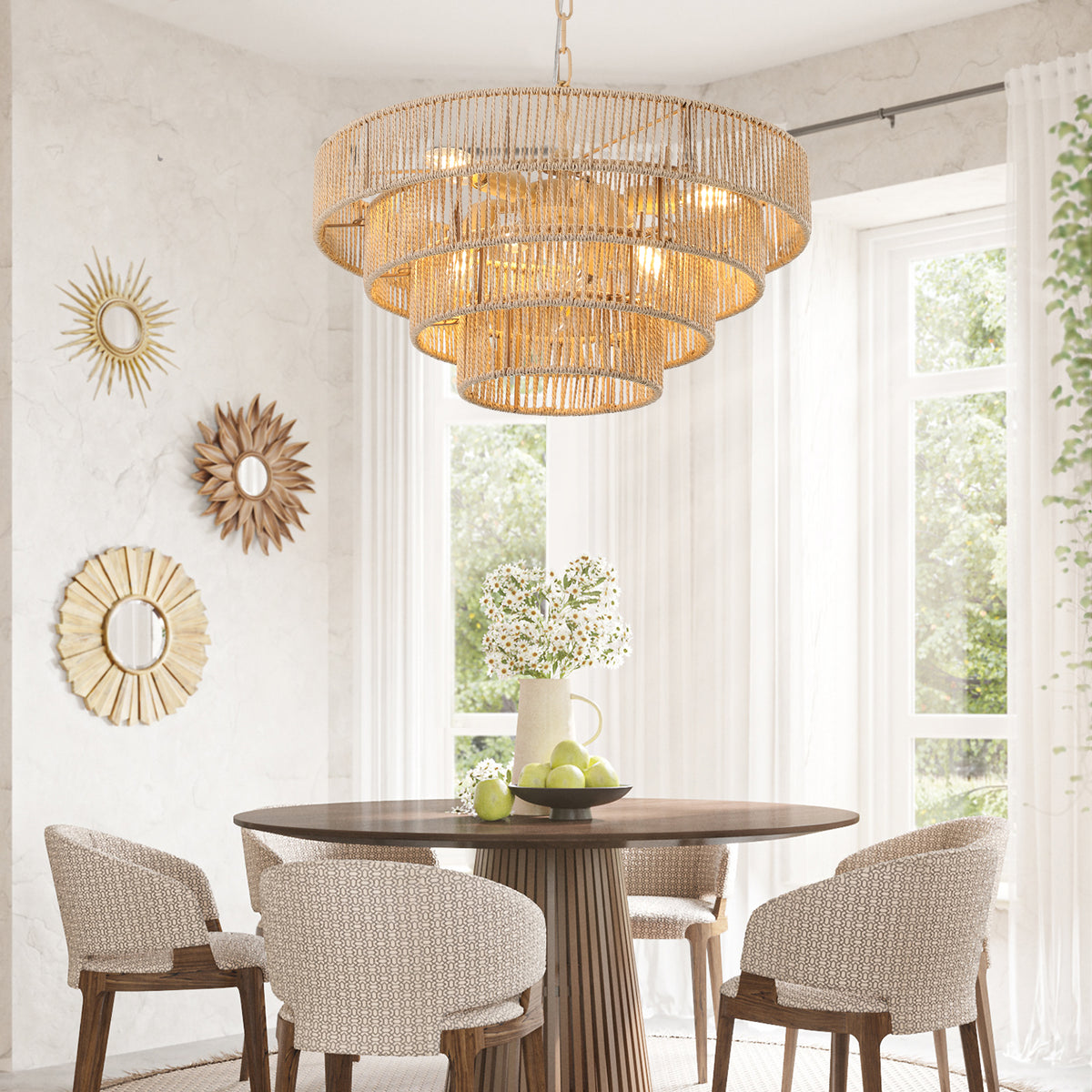 AESTIN'S DECOR Ceiling Light Bohemian Woven Rattan Farmhouse Chandelier with Adjustable Chain
