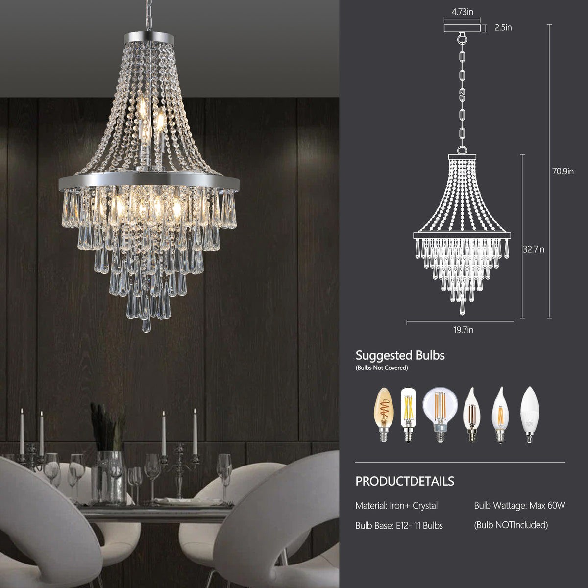 AESTIN'S DECOR Ceiling Light Chromium Color Crystal Chandelier