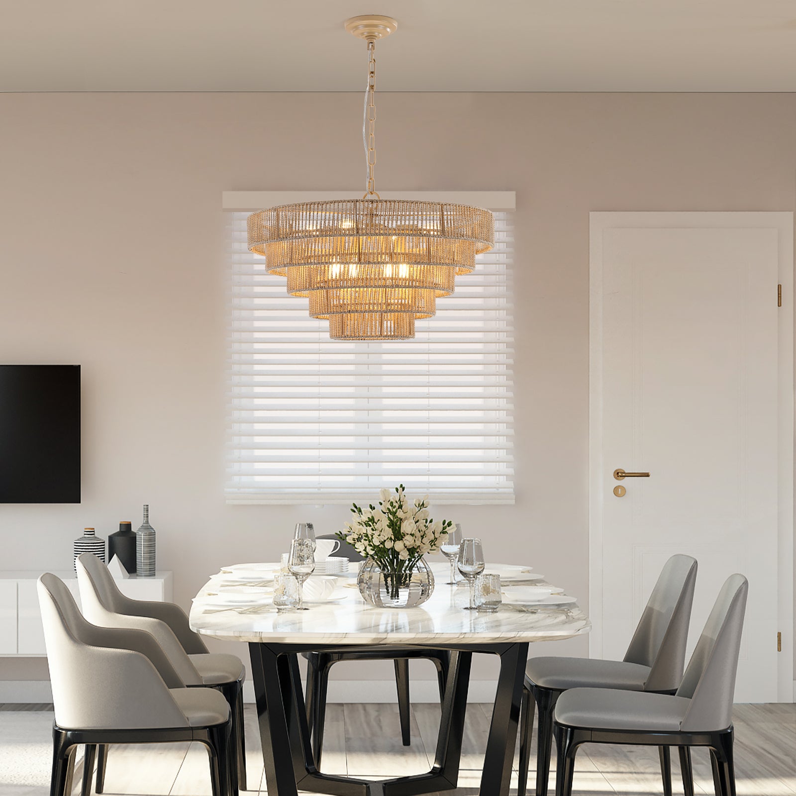 AESTIN'S DECOR Ceiling Light Farmhouse Woven Rattan Chandelier with 8 Lights