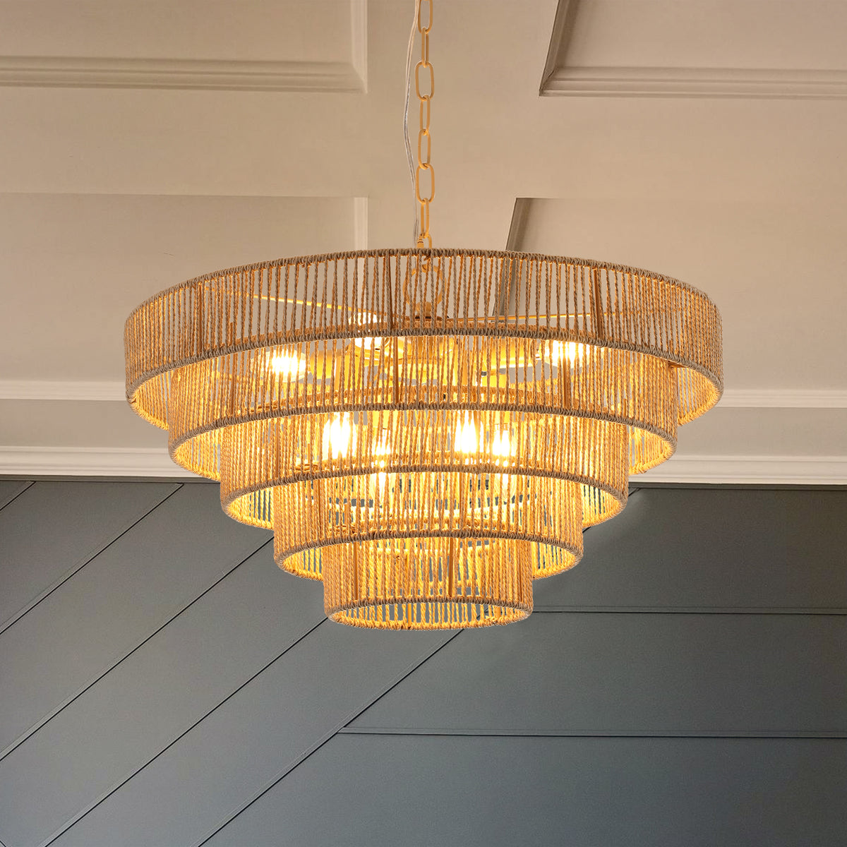 AESTIN'S DECOR Ceiling Light Farmhouse Woven Rattan Chandelier with 8 Lights