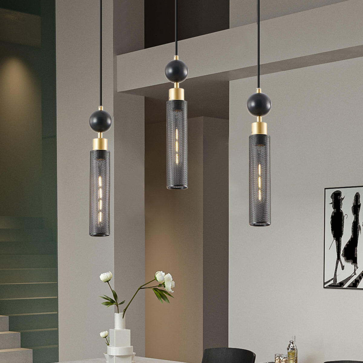 AESTIN'S DECOR Ceiling Light Modern Black &amp; Gold Adjustable 3-Light Pendant Chandelier