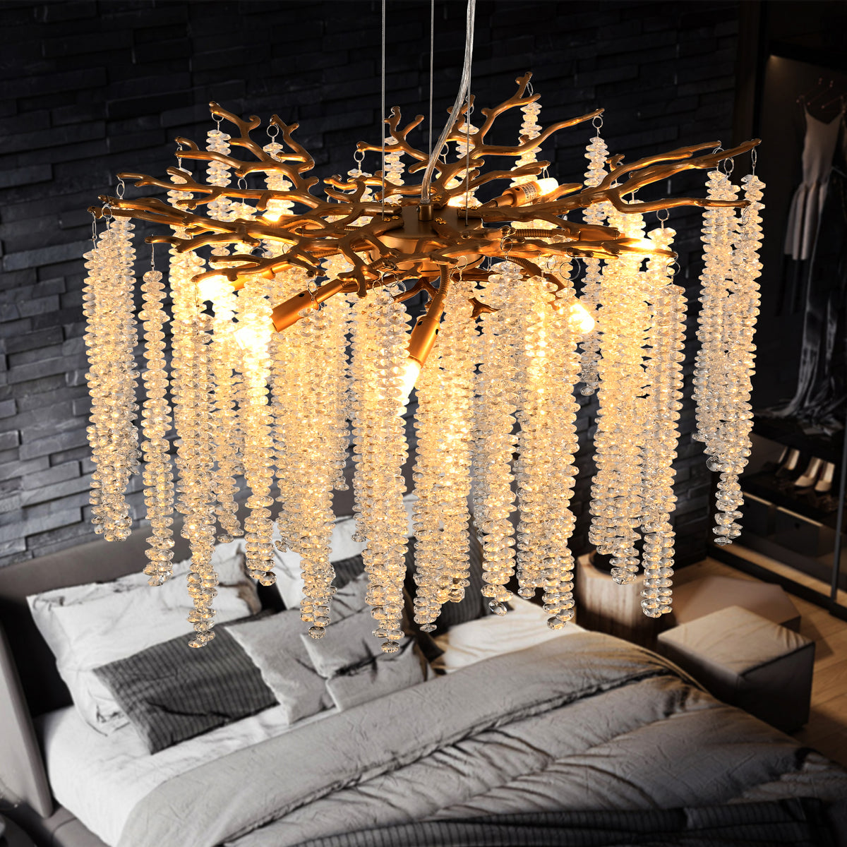 AESTIN'S DECOR Ceiling Light Modern Golden Pendant Light with Cascading Crystal Strands