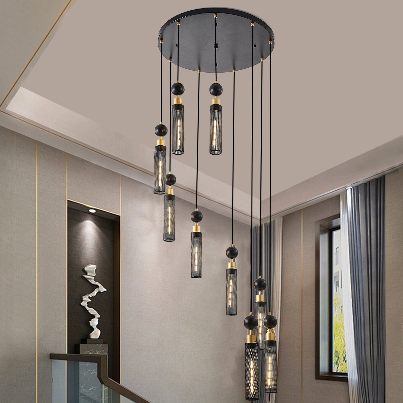 AESTIN'S DECOR Ceiling Light Modern Industrial 9-Light Pendant Chandelier in Black and Gold