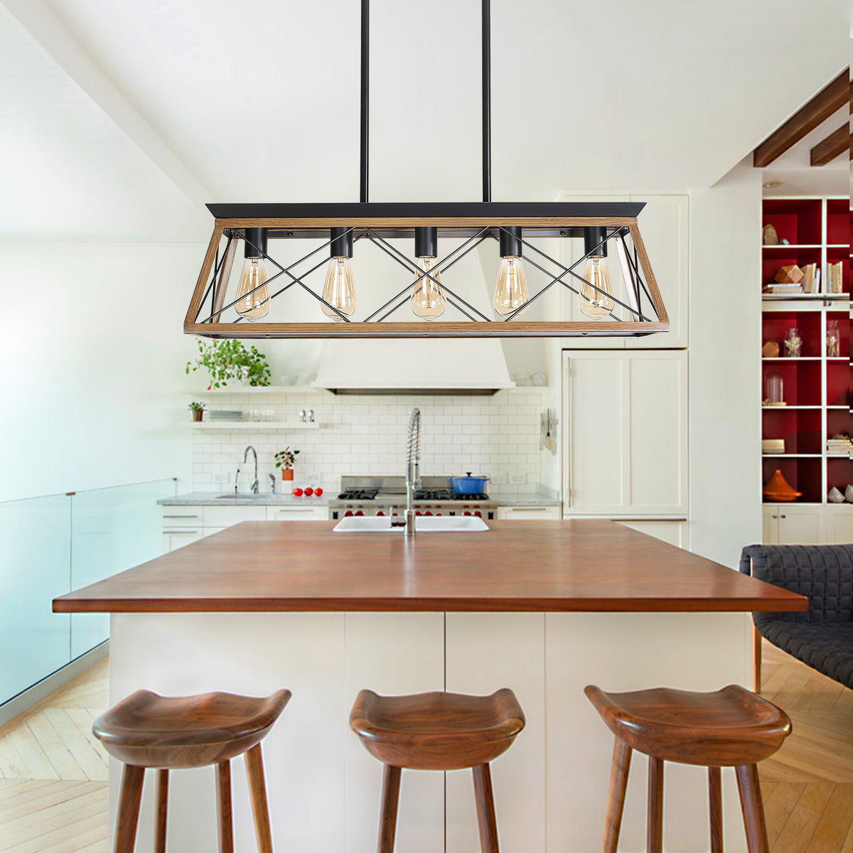 AESTIN'S DECOR Ceiling Light Walnut Farmhouse Chandelier with 5 Bulbs