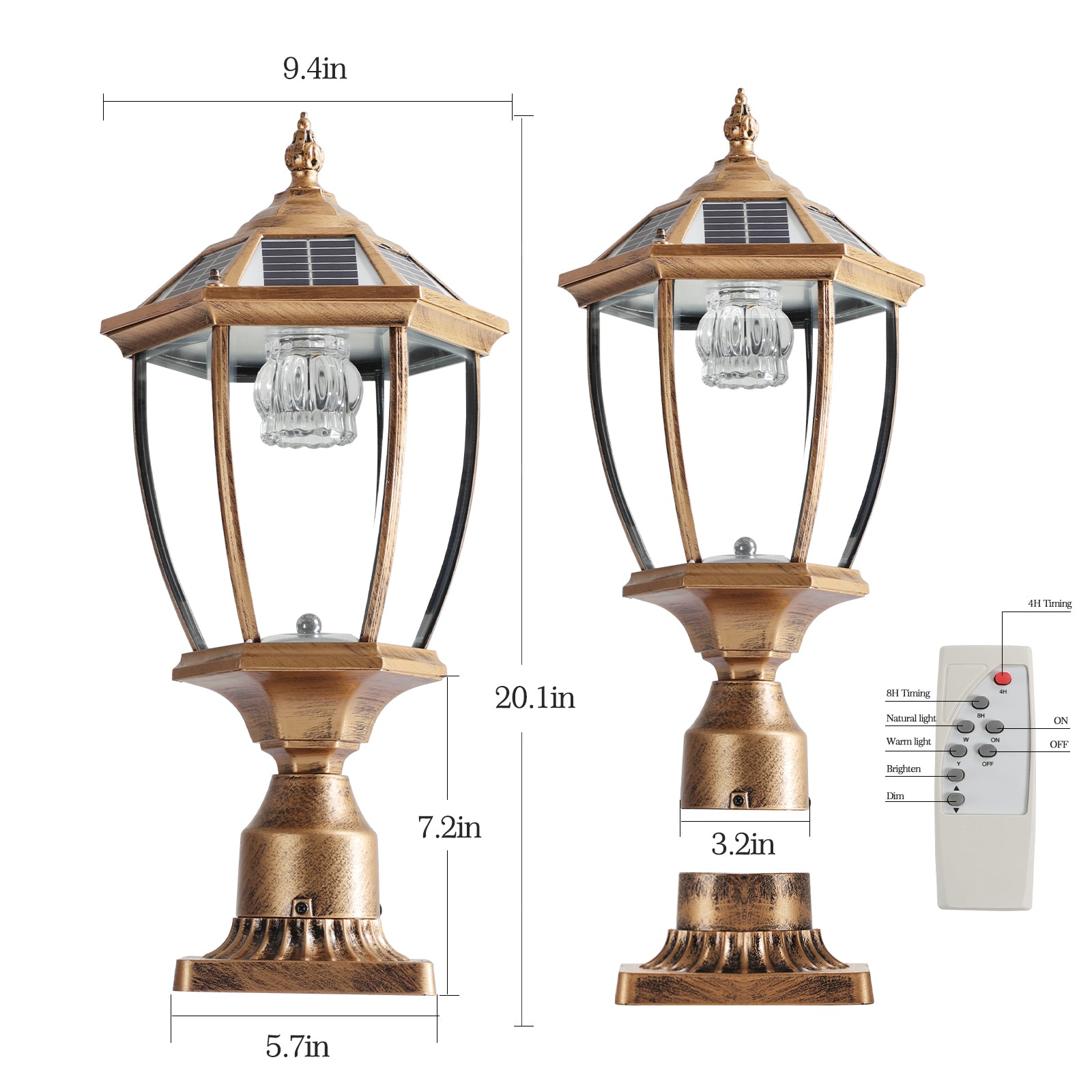 AESTIN'S DECOR Outdoor Light Retro Gold Solar Column Headlights with Dimmable LED