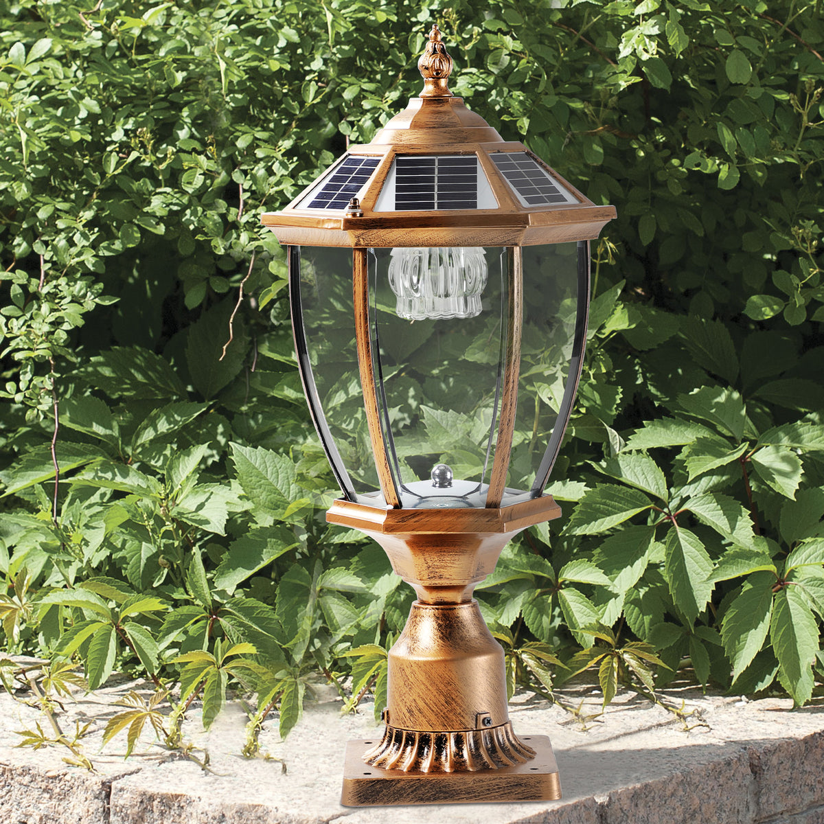 AESTIN'S DECOR Outdoor Light Retro Gold Solar Column Headlights with Dimmable LED