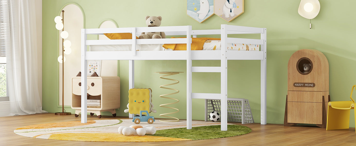 White Rubber Wood Frame Twin Loft Bed with Ladder and Storage Space