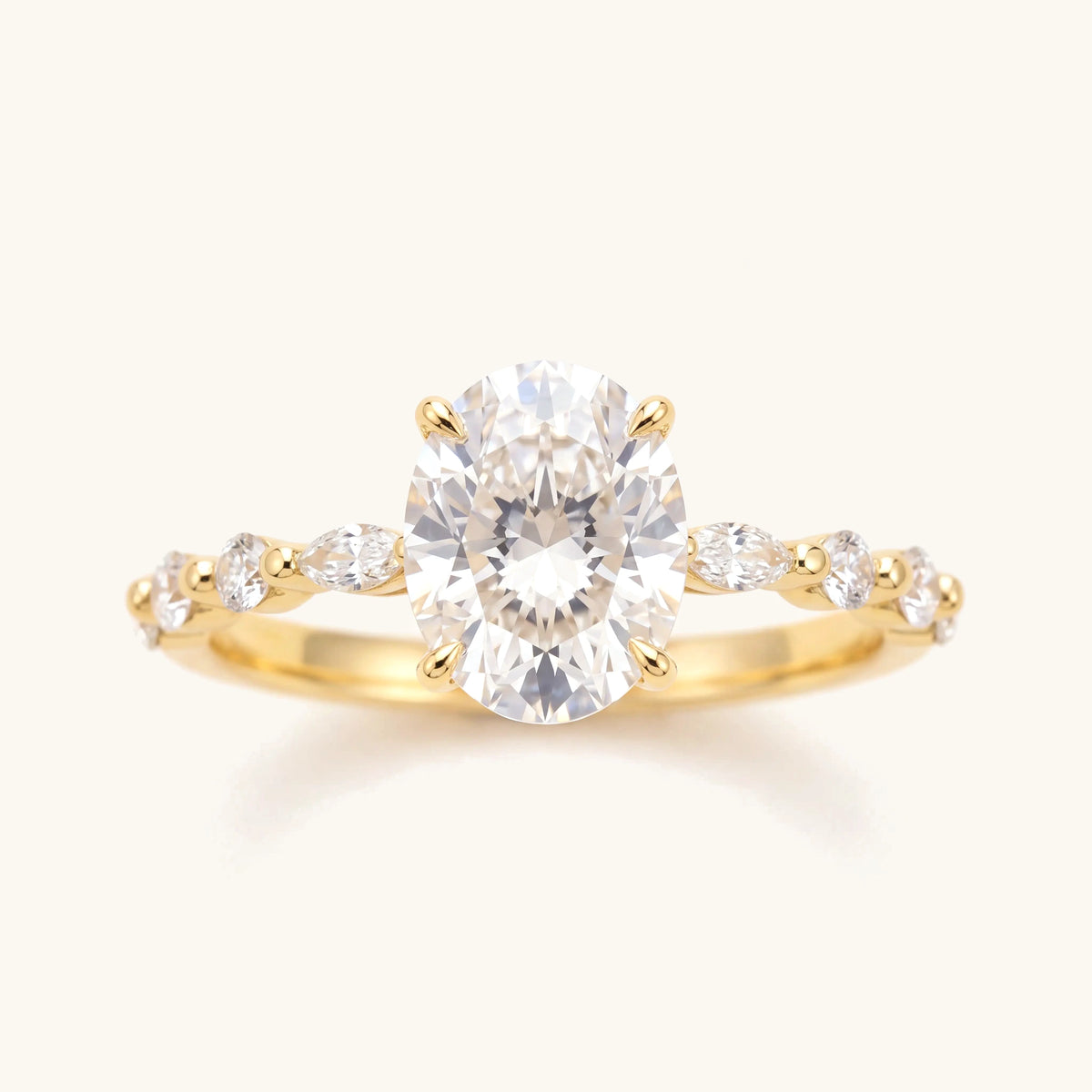 Elegant Oval Moissanite Accented Band Ring – side profile showing the setting and accented band