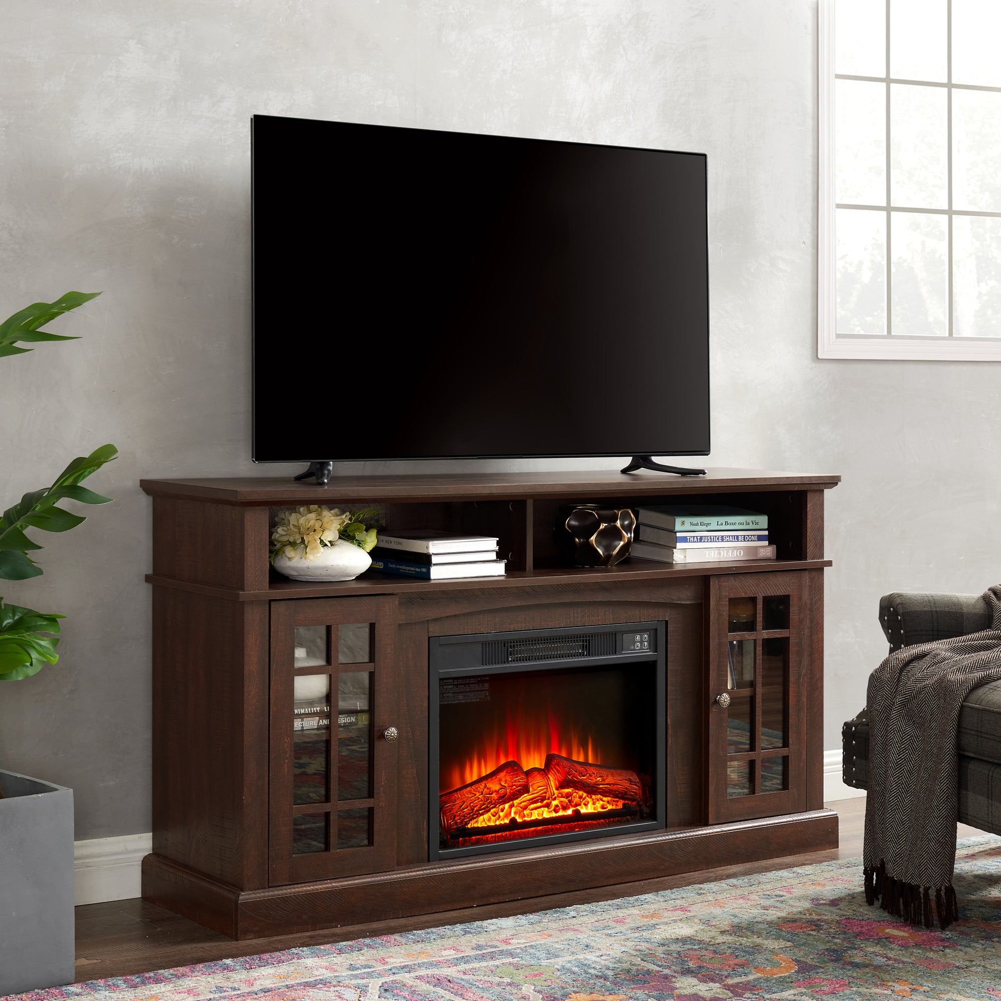 Classic TV Media Stand Modern Entertainment Console with 23 Inch Fireplace Insert for TV Up to 65 Inch with Storage Space In Espresso