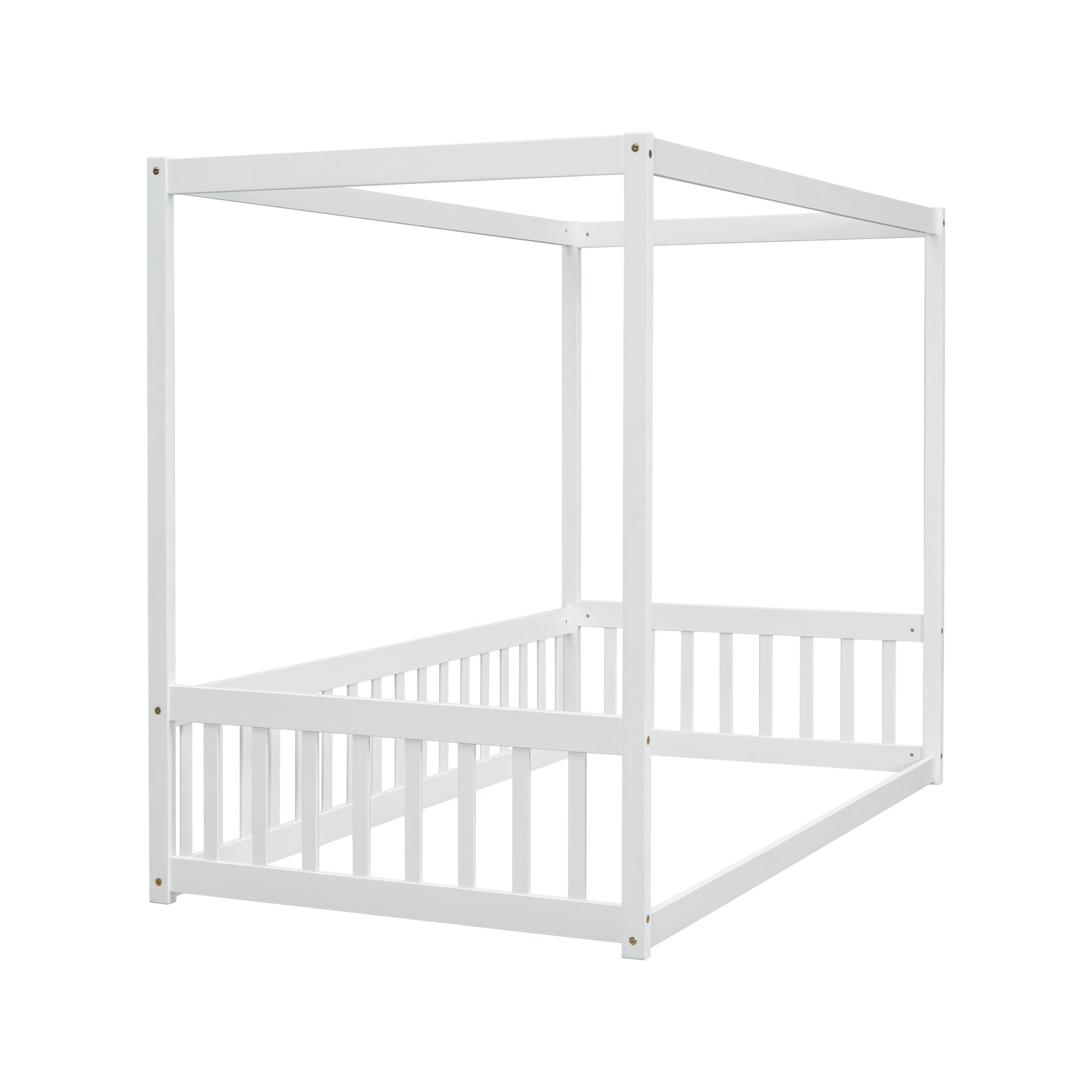 Twin Size White Canopy Frame Floor Bed with Fence and Guardrails