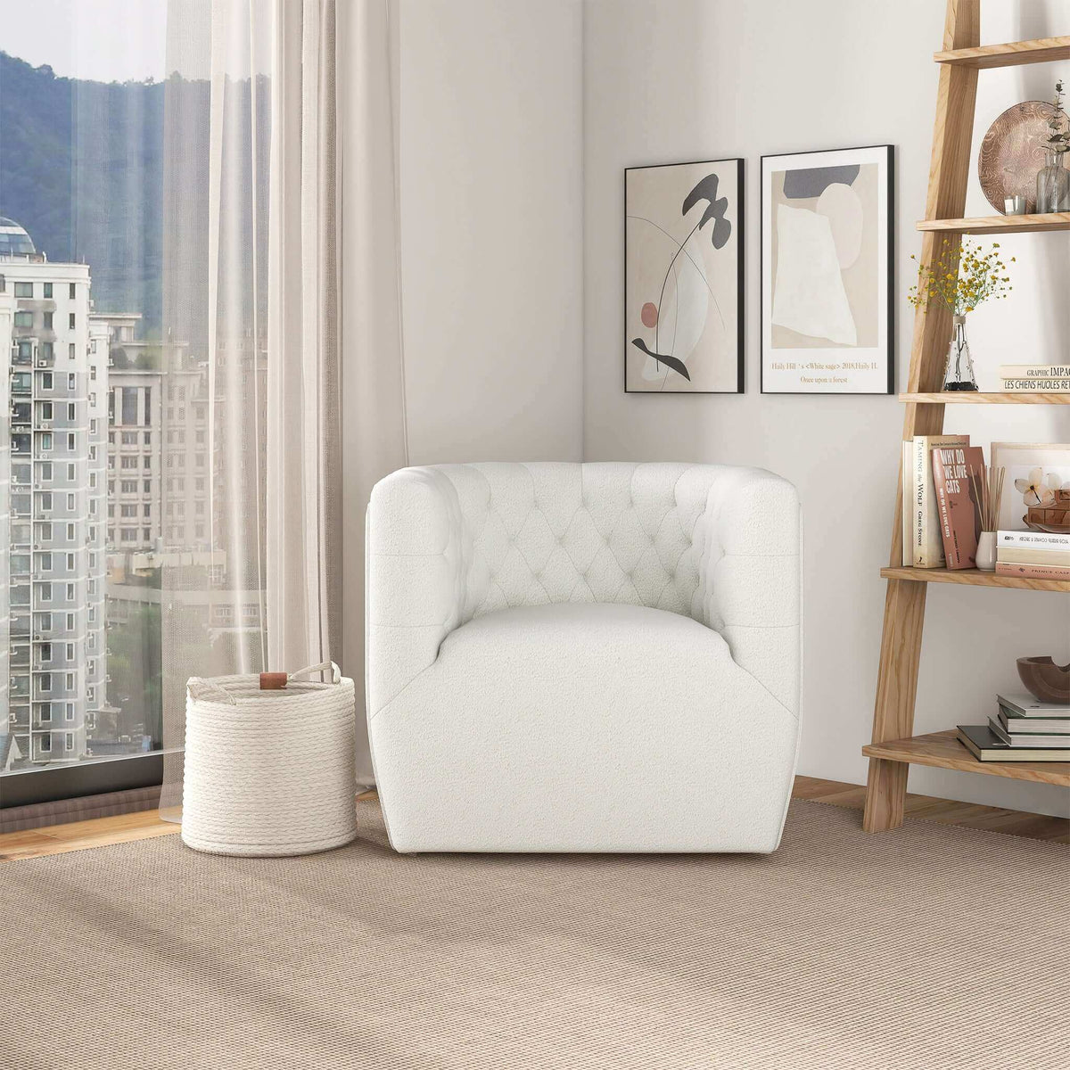 Luxury Cream Boucle Swivel Chair for Elegant Living Spaces