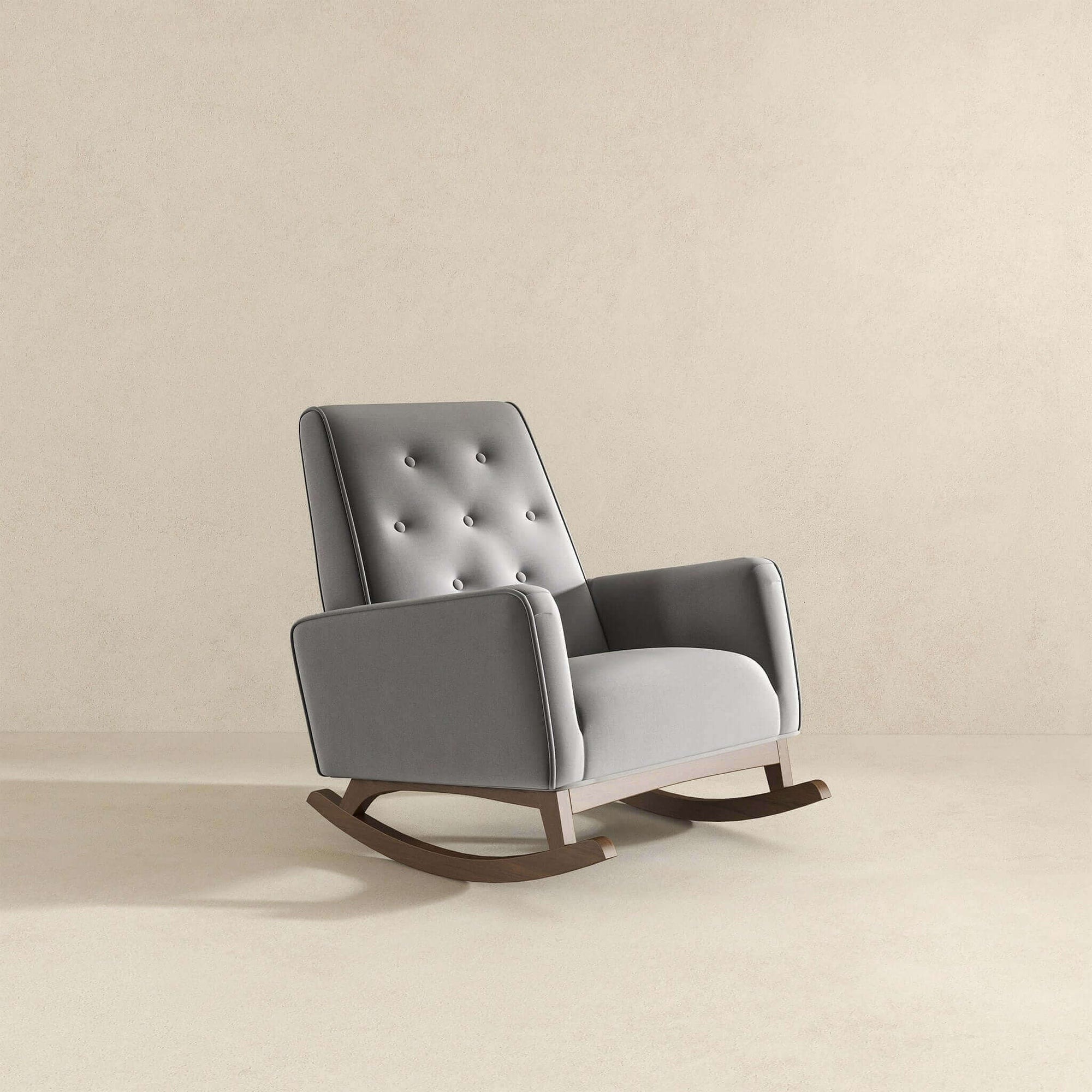 Luxury Light Grey Fabric Solid Wood Rocking Chair for Relaxing Living Spaces