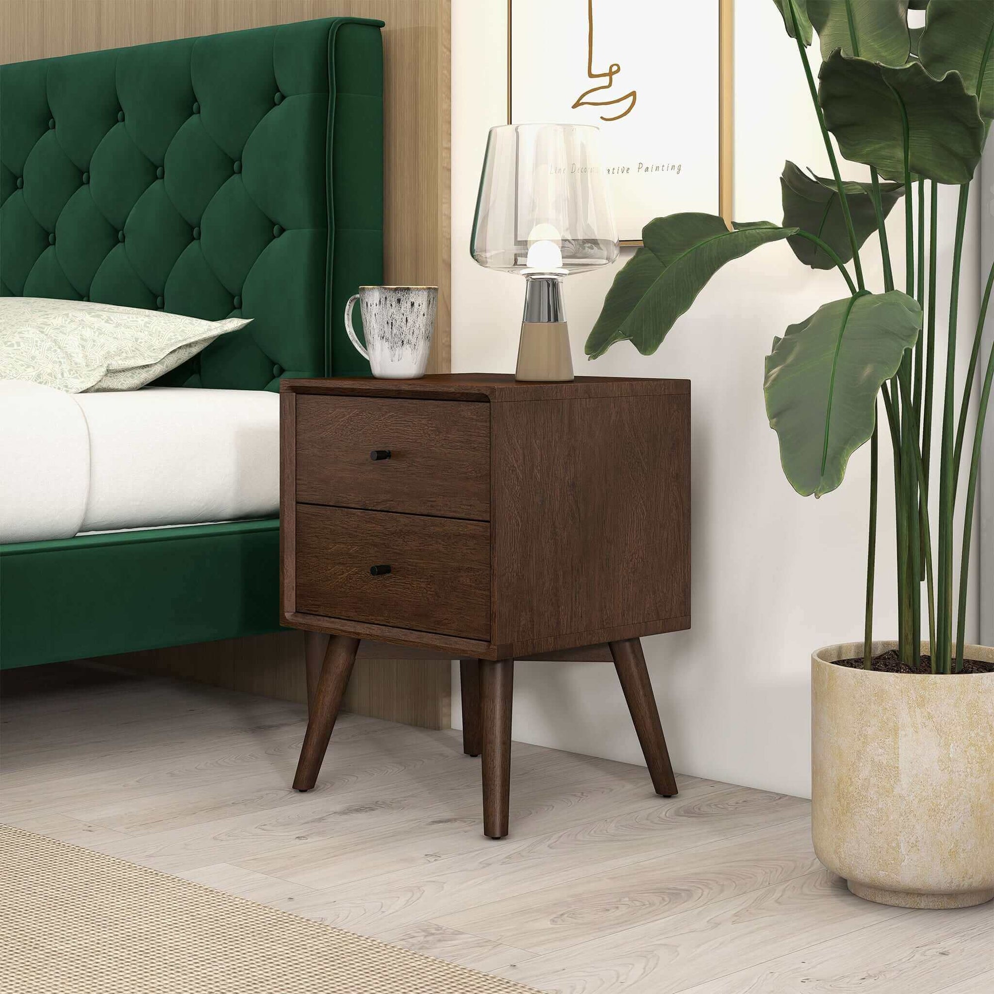 ARTISAN HOME Mid Century Modern 2-Drawer Nightstand – Solid Wood Bedroom Side Table