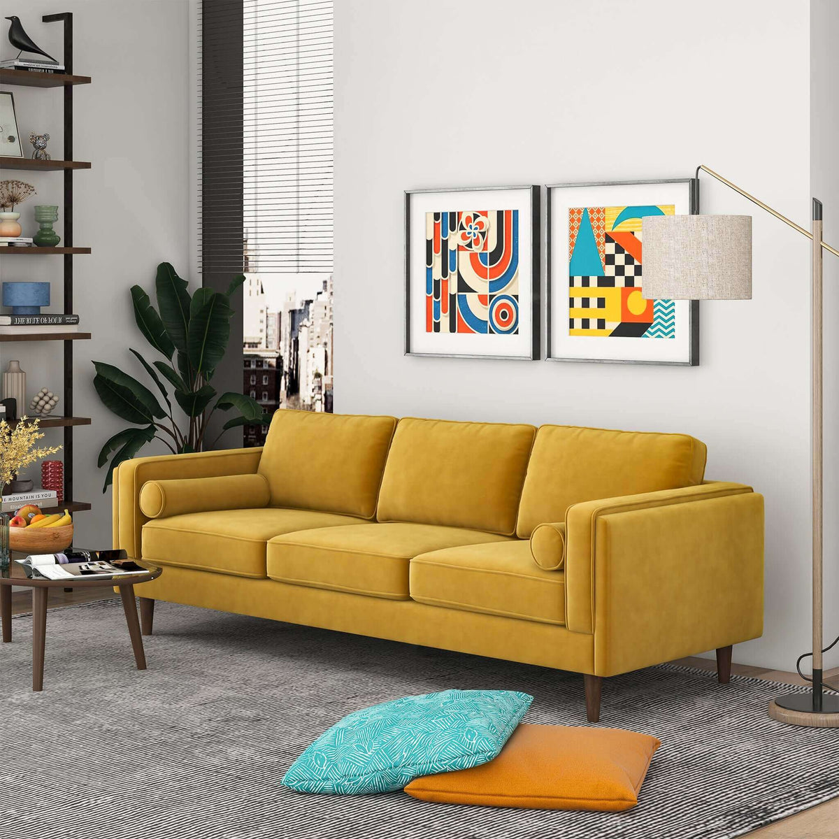 Ashcroft Imports Amber Mid Century Modern Yellow Luxury Modern Velvet Sofa