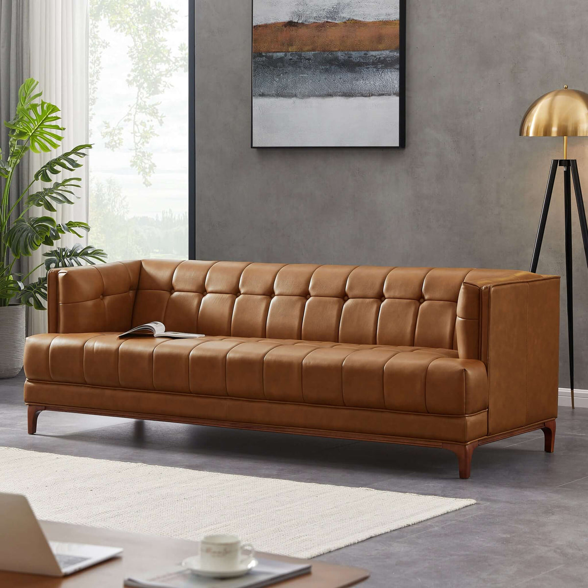 Ashcroft Imports Mara  Tufted Cognac Leather Sofa