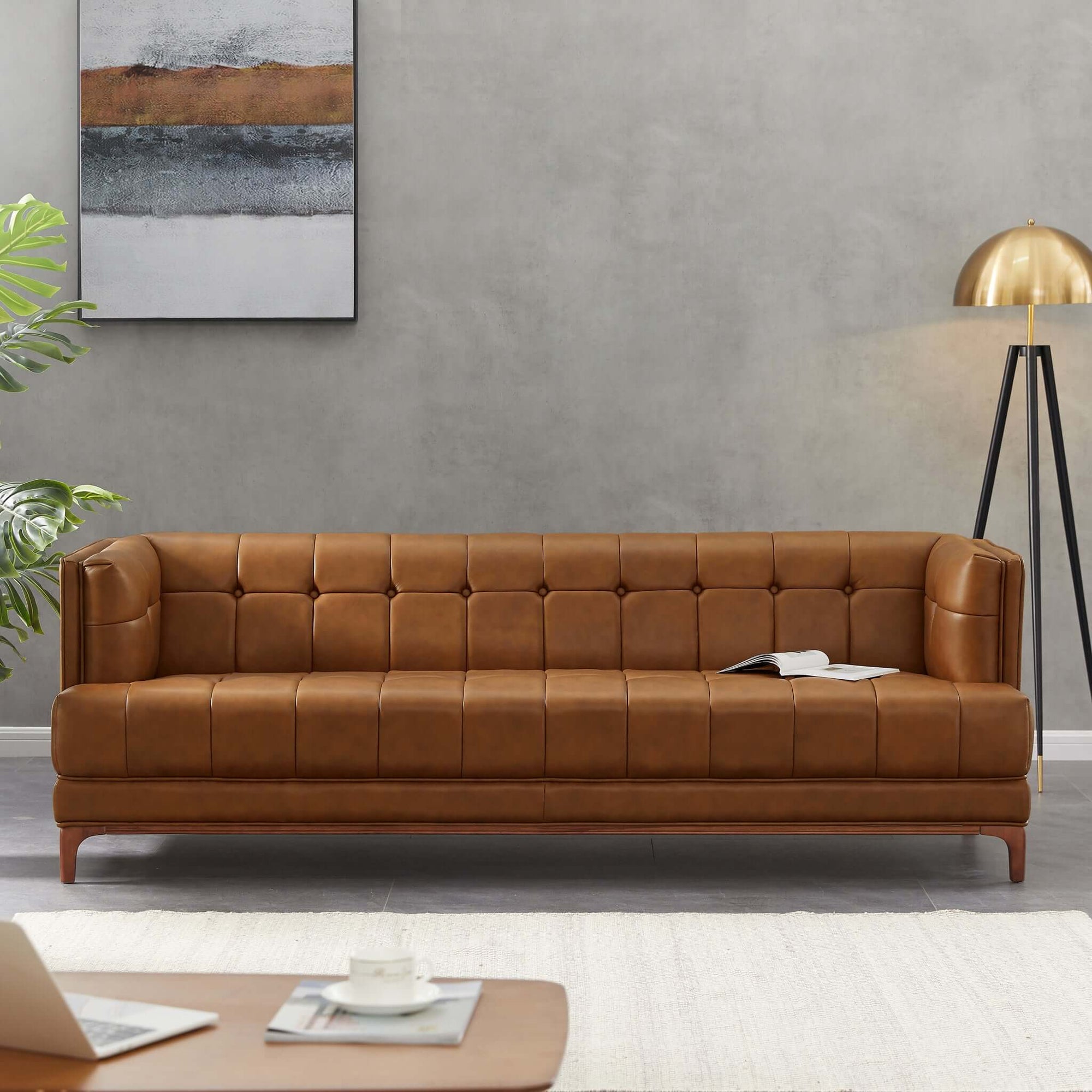 Ashcroft Imports Mara  Tufted Cognac Leather Sofa
