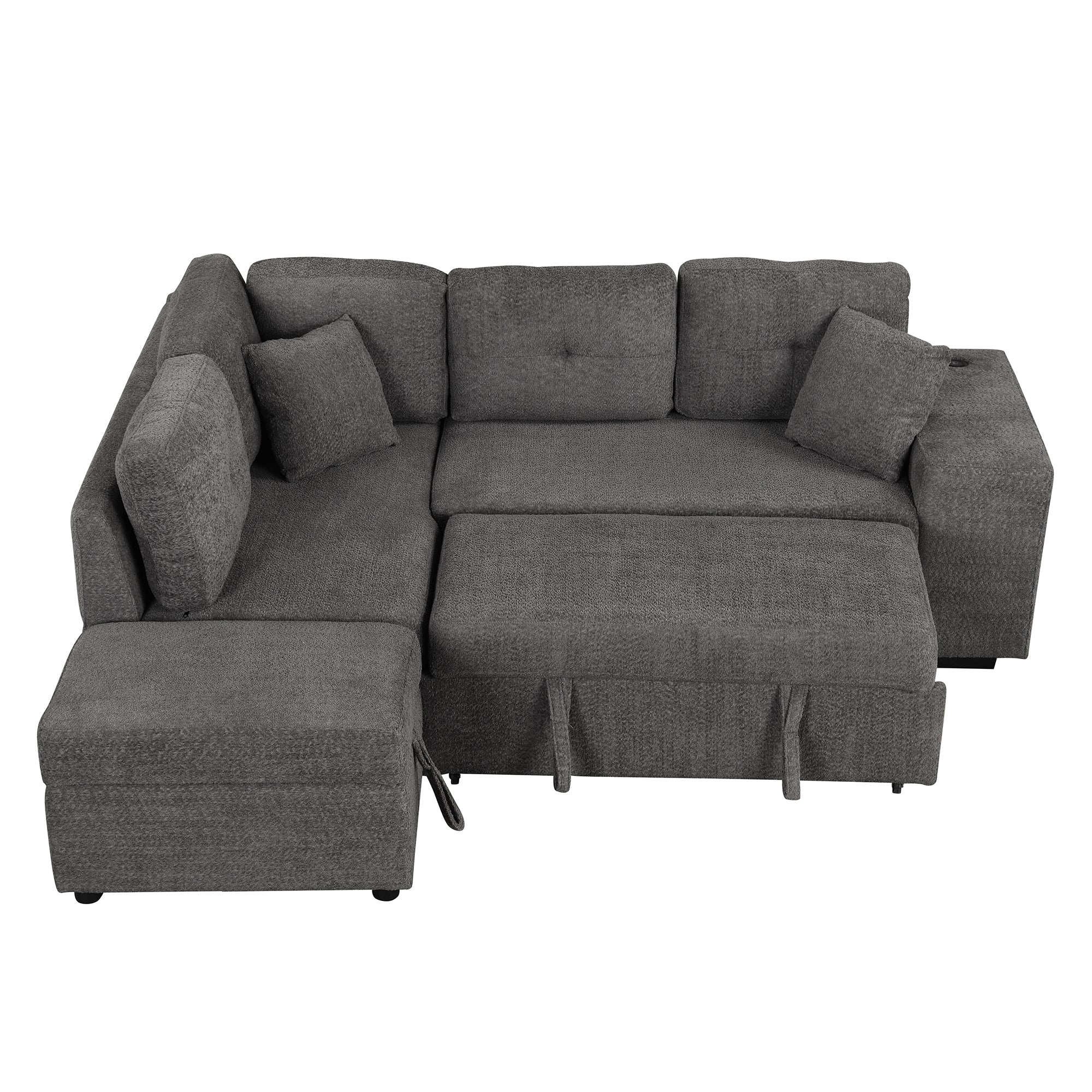 Dark Gray Chenille Pull-Out Sofa Bed with Storage Ottomans and Wireless Charger