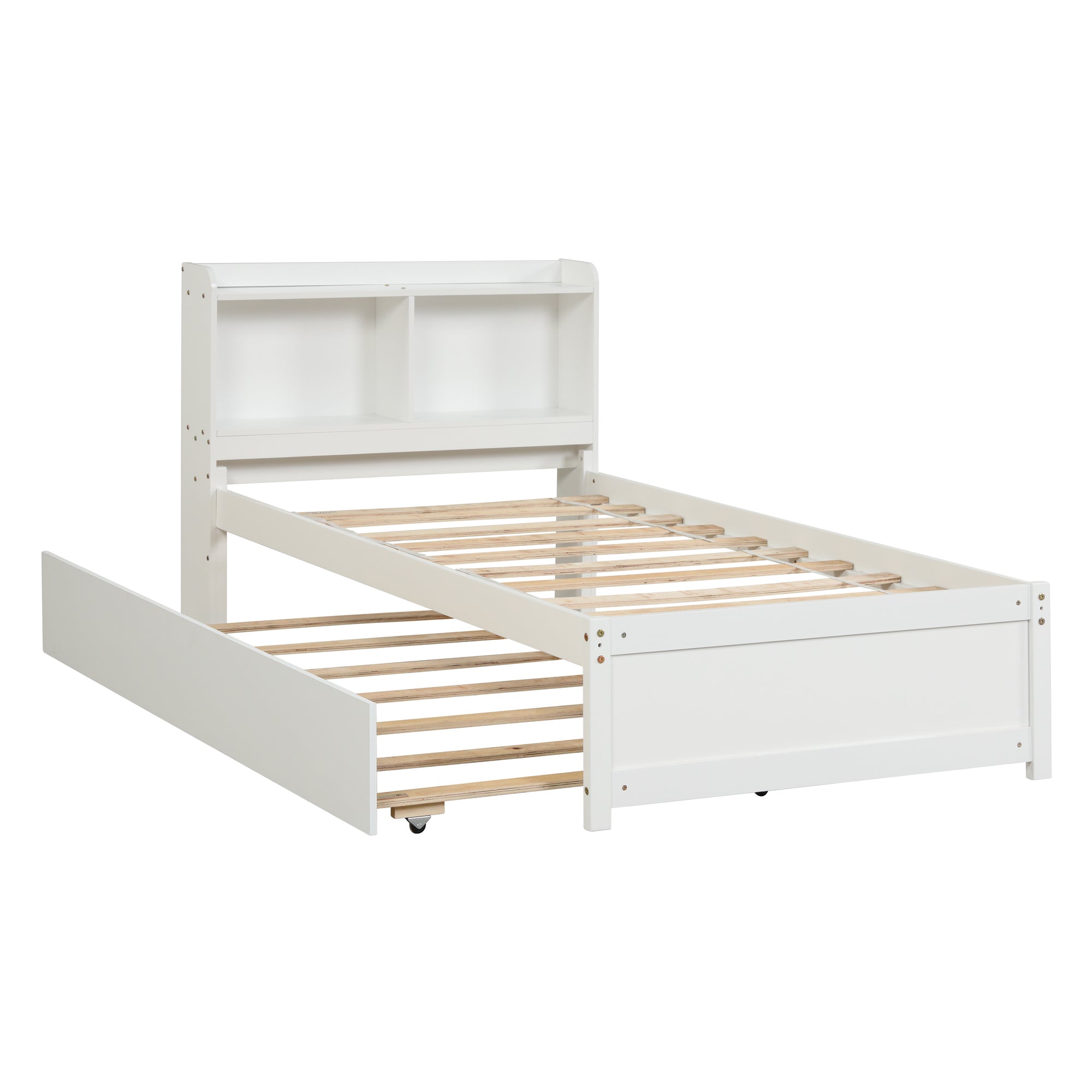 White Twin Bed with Trundle and Storage Headboard