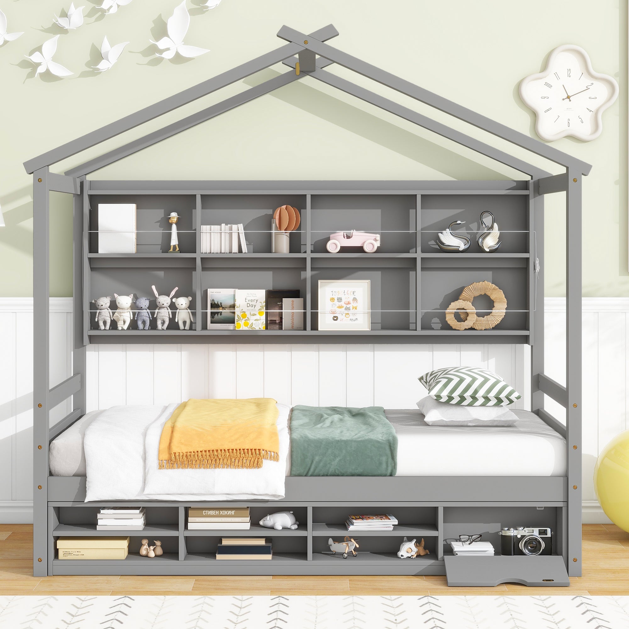 Gray Twin House Bed with Roof Frame, Bedside Shelves & Under-Bed Storage Unit