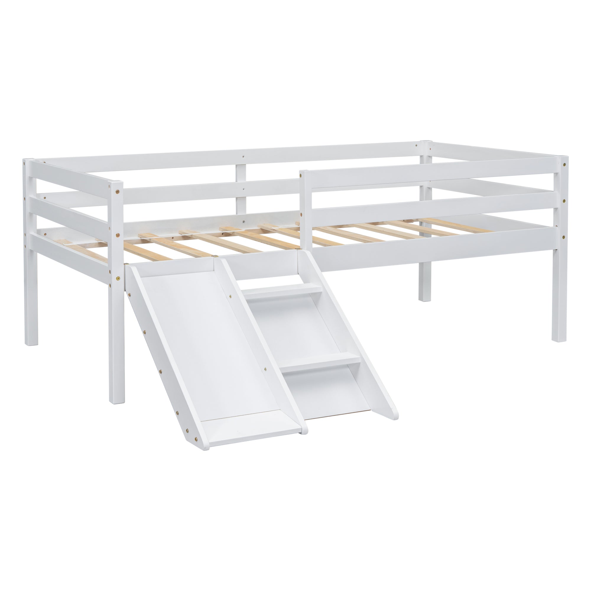 Twin Size Low Loft Bed with Slide, Ladder & Safety Guardrails in White