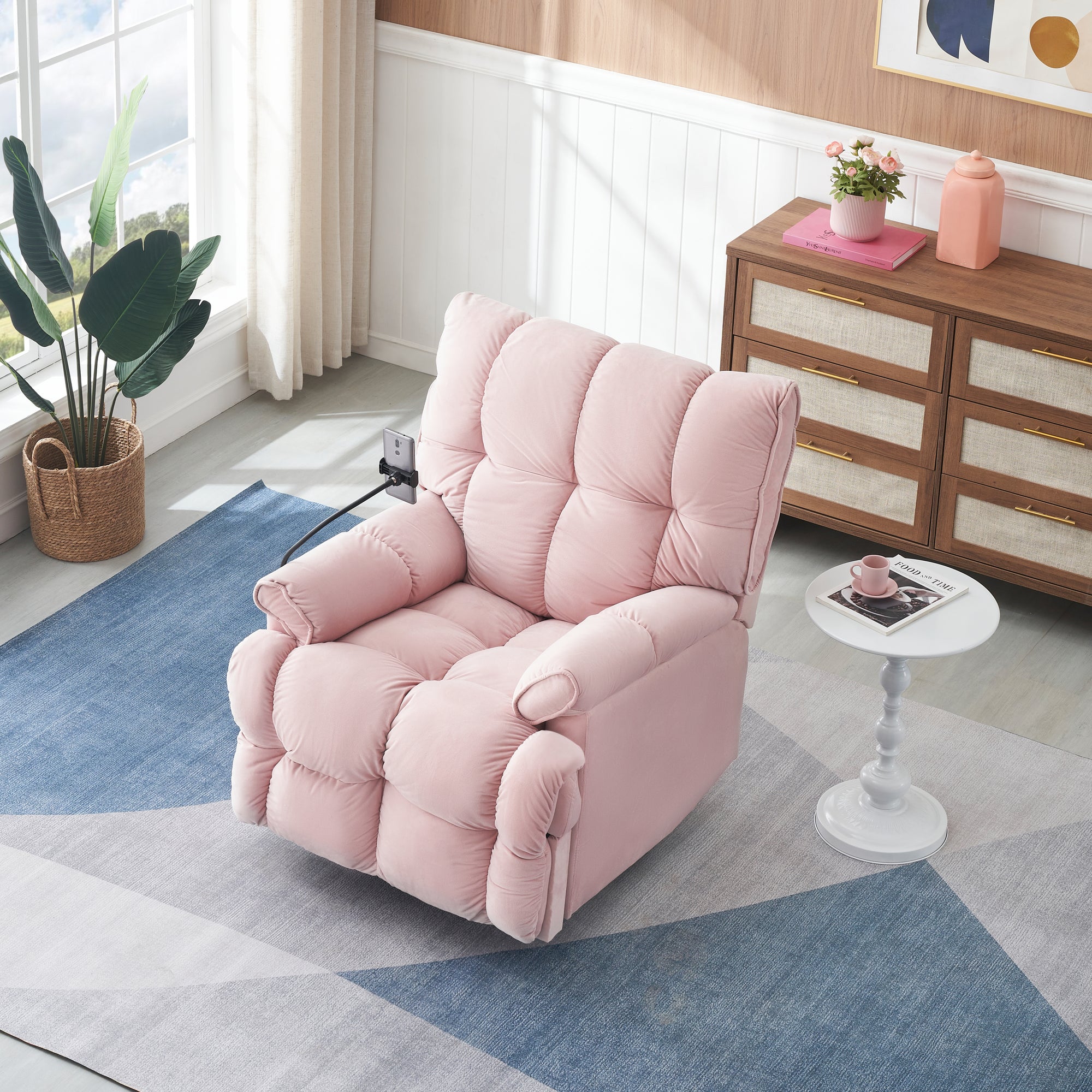 Pink Velvet Convertible Recliner Sofa Chair With Phone Holder