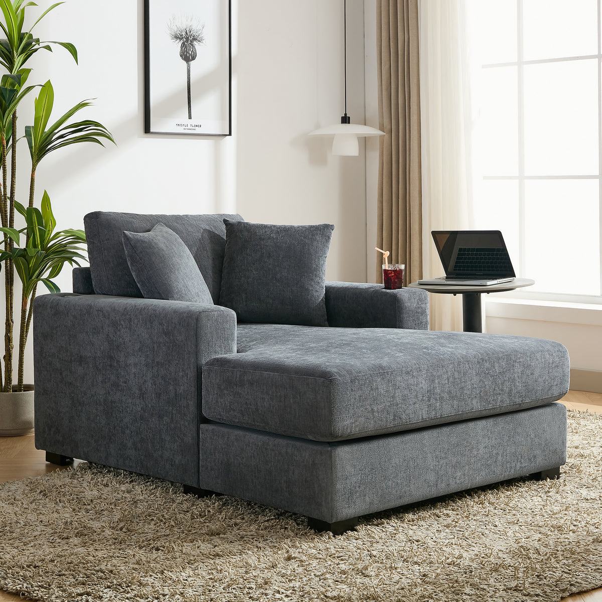 Blue-Gray Chenille Oversized Chaise Lounger with Built-In Charge Station &amp; Cup Holders