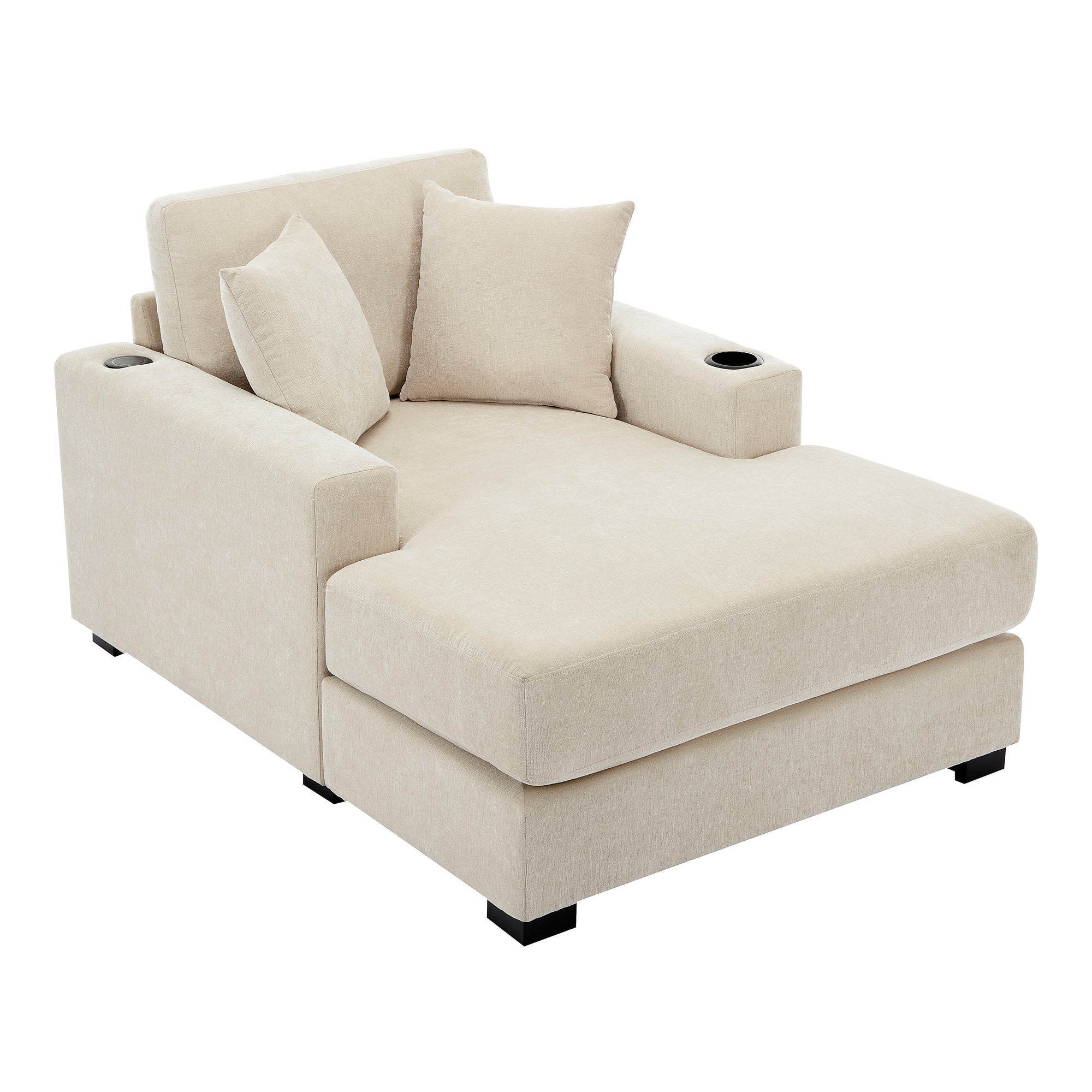 Cream Chenille Oversized Chaise Lounger With Built-In Charge Station & Cup Holders