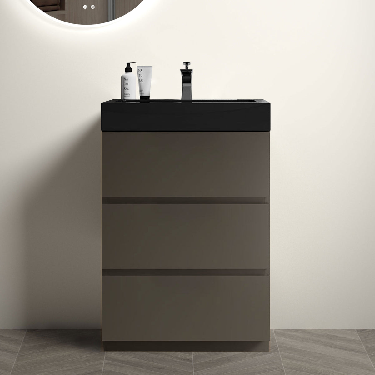 24 Gray Bathroom Vanity with Sink Large Storage Freestanding Design One-Piece Black Basin Pre-assembled In Gray