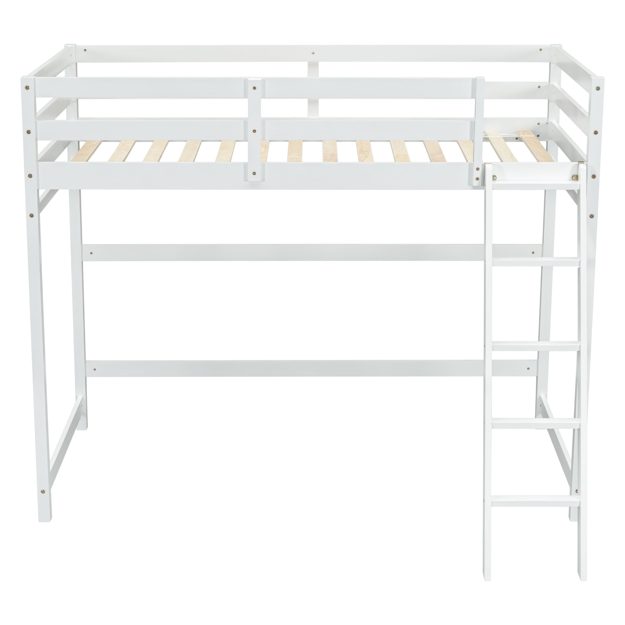 White Twin Size High Loft Bed with Inclined Ladder and Guardrails