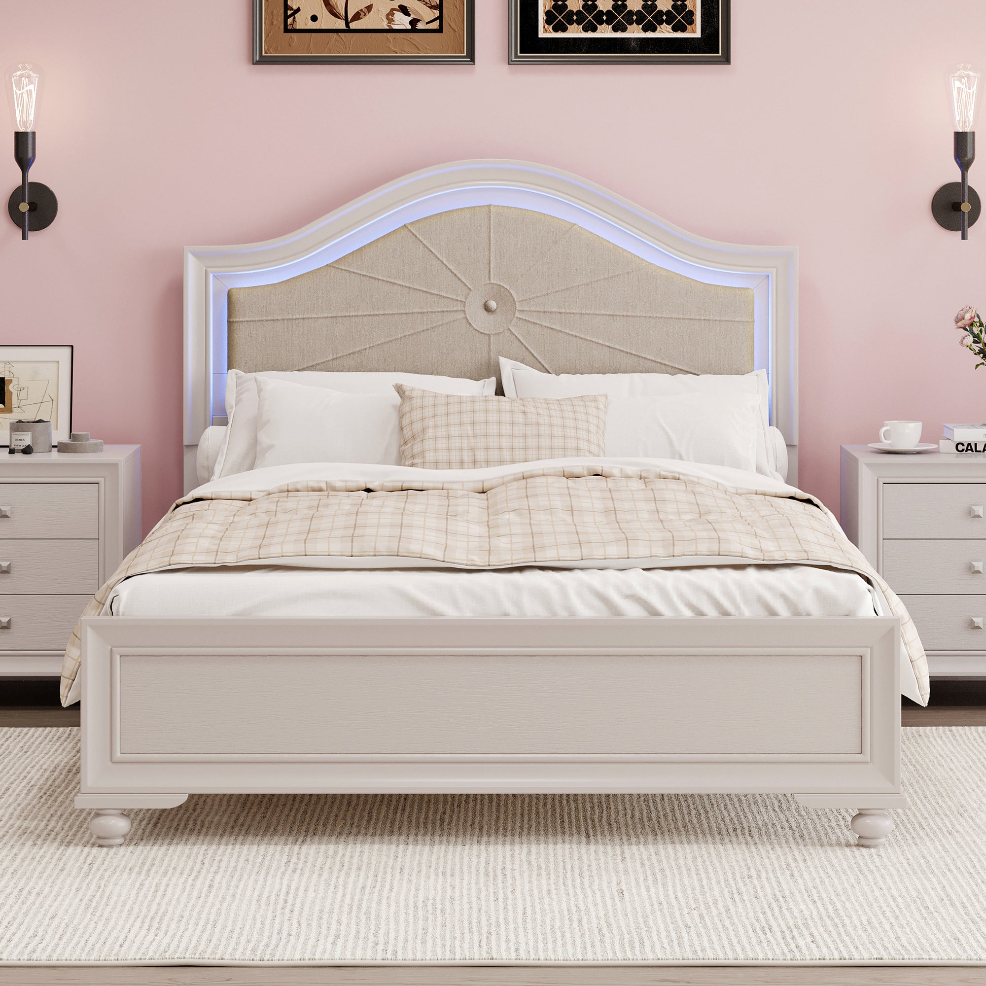 Cream Gray Queen Bed with Hidden LED Light Headboard