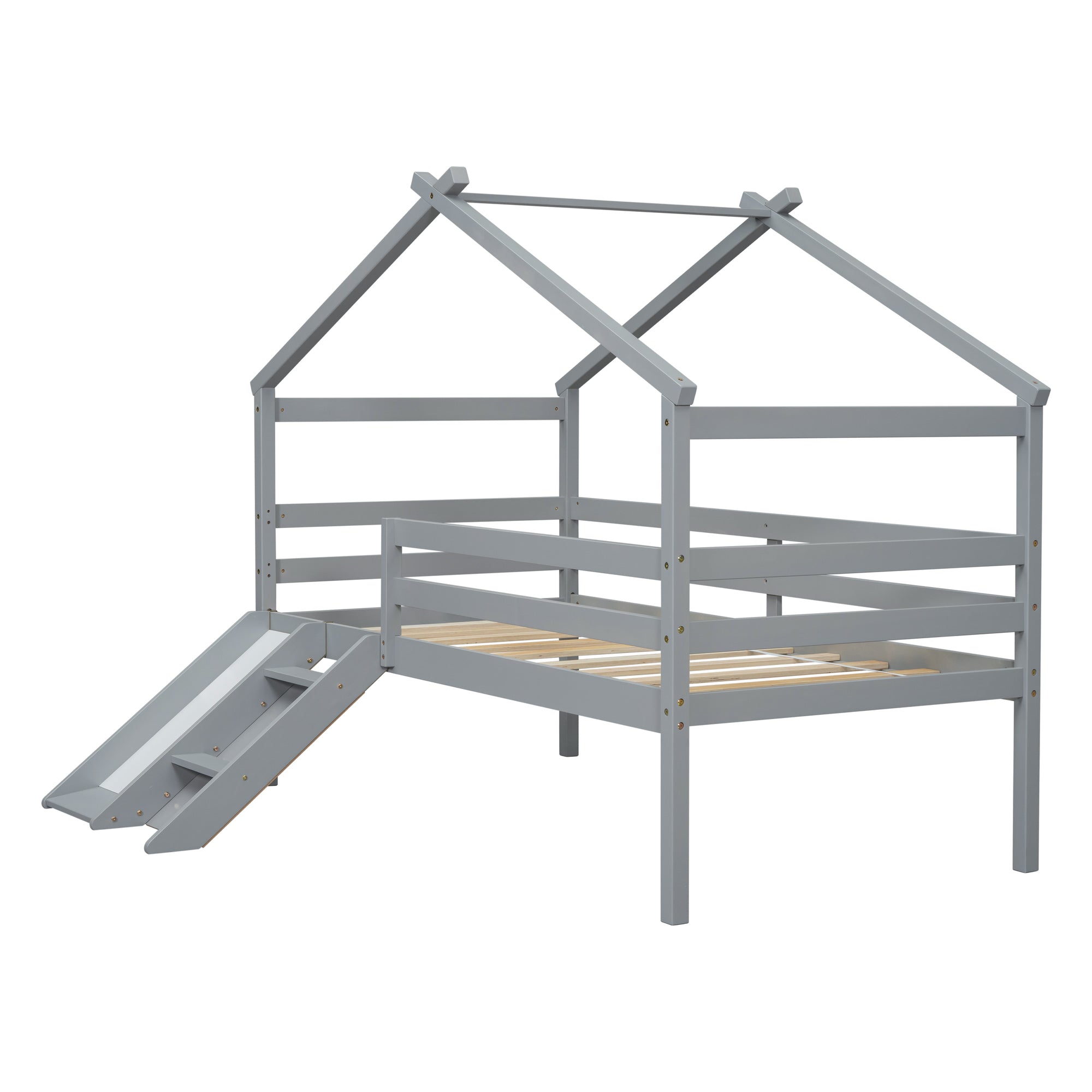 Gray Twin Low Loft House Bed with Slide, Ladder, and Roof Frame