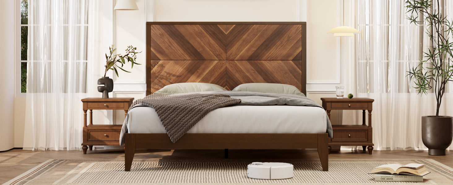 Walnut Tone Queen Mid-Century Modern Wooden Bed Frame