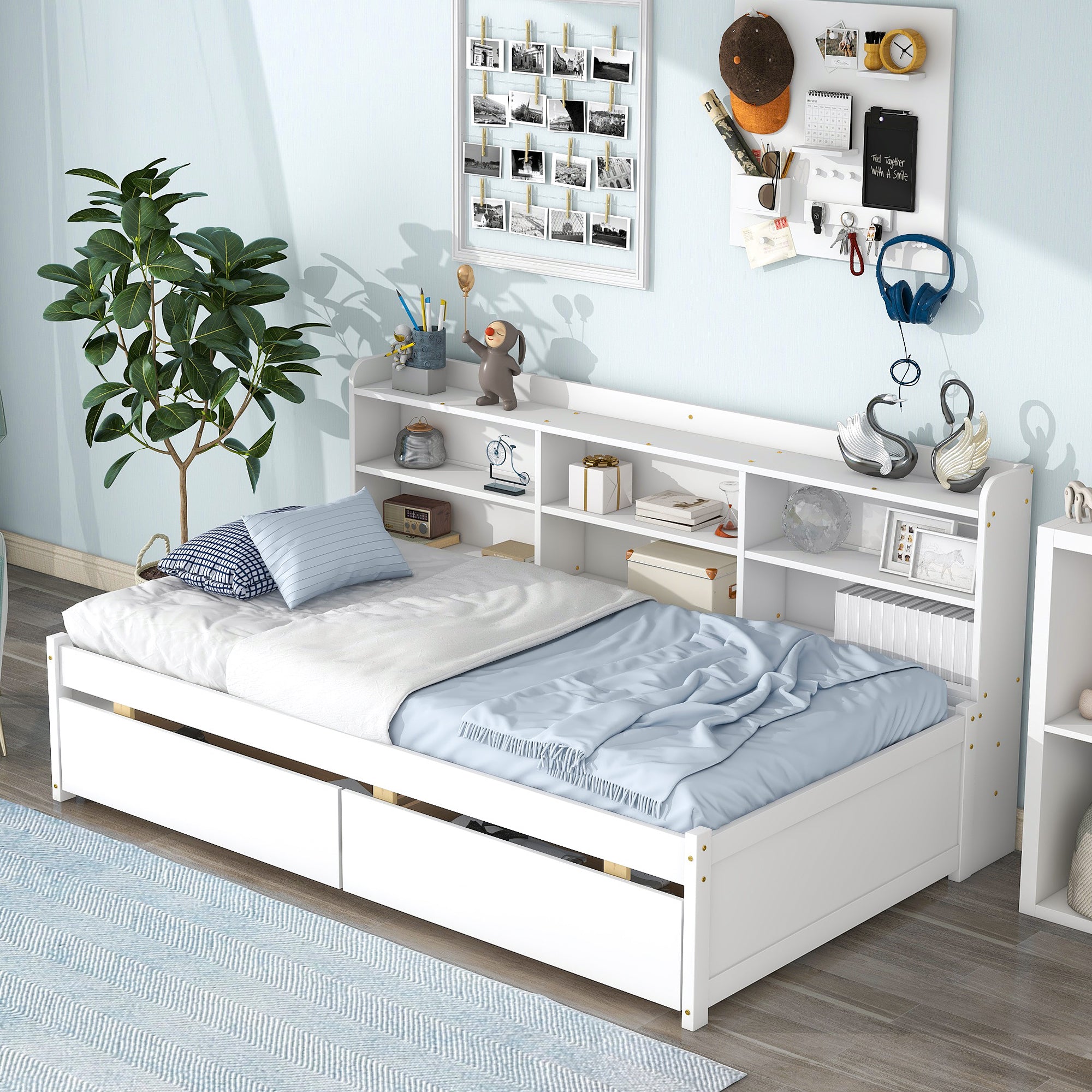 White Twin Bed with Side Bookcase and Storage Drawers