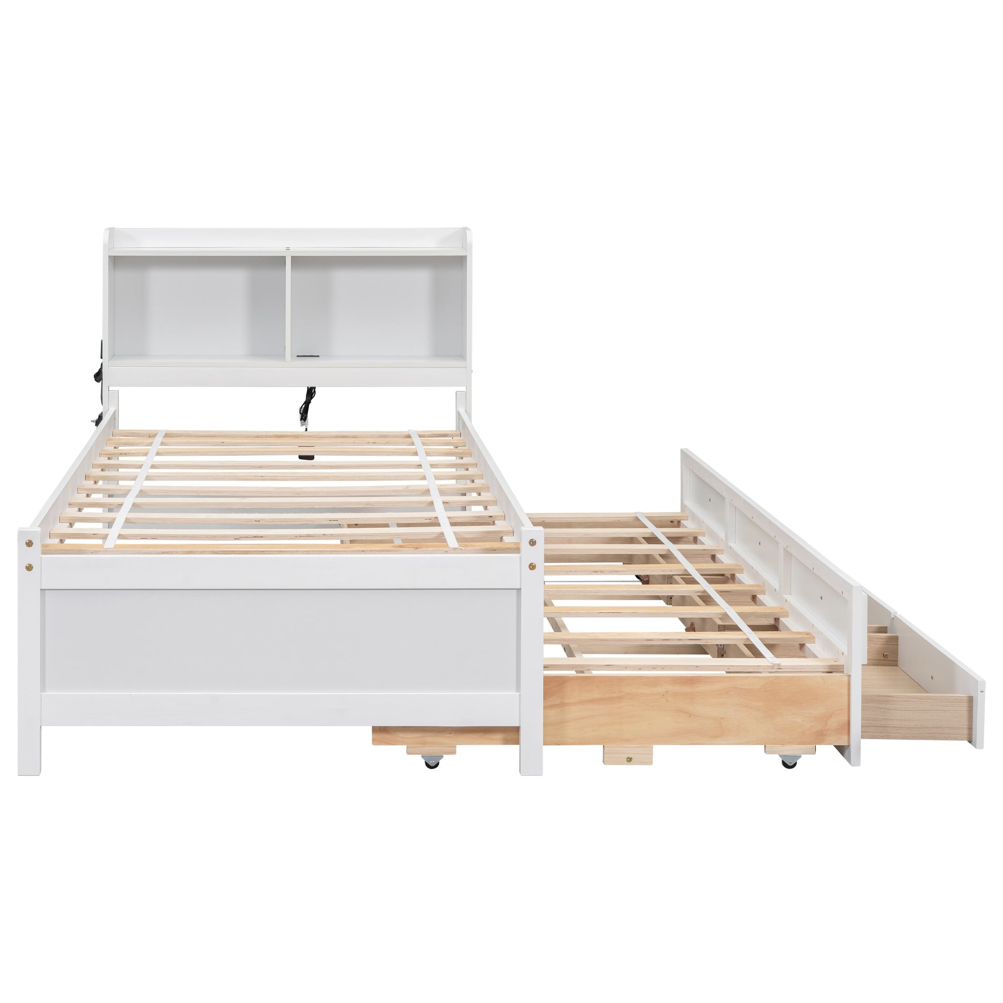 Twin Bed with USB & Type-C Ports, LED Lights, Bookcase Headboard, Trundle & 3 Drawers In White