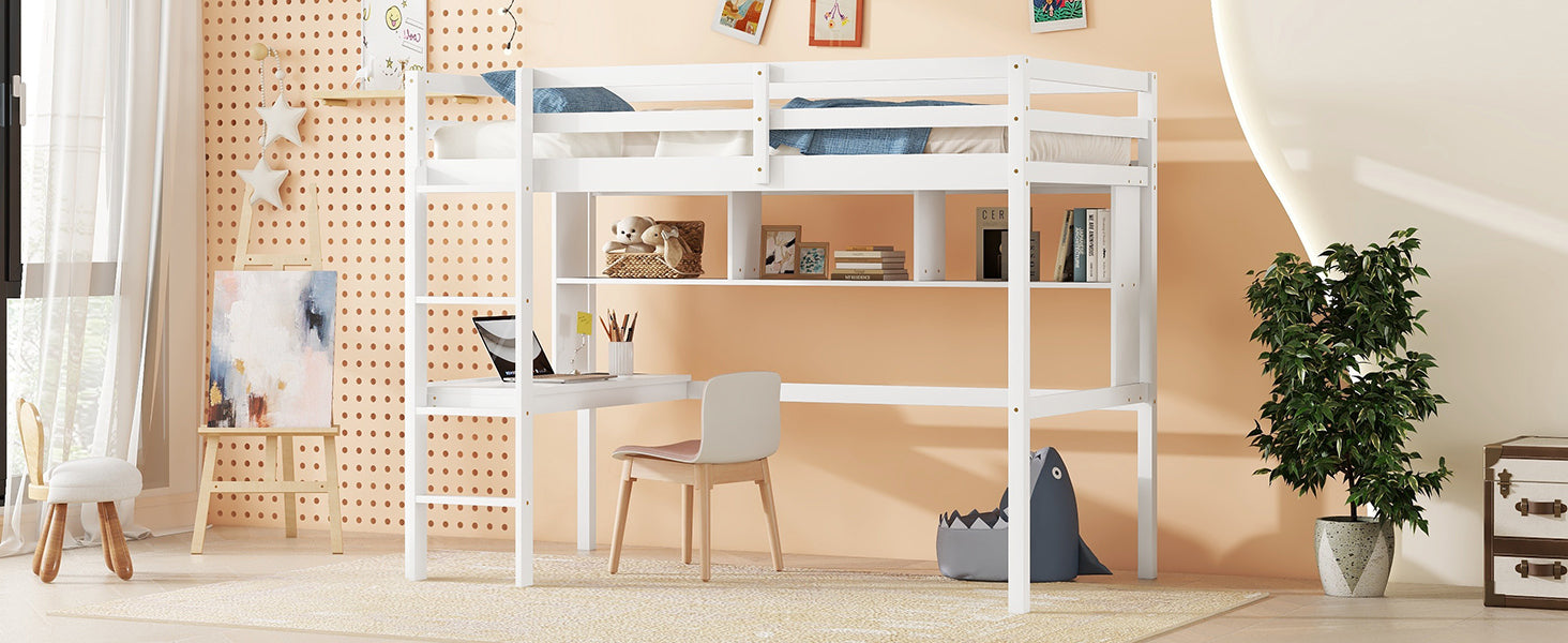 Twin Size Loft Bed For Kids with Desk, Shelves, Safety Guardrail & Ladder