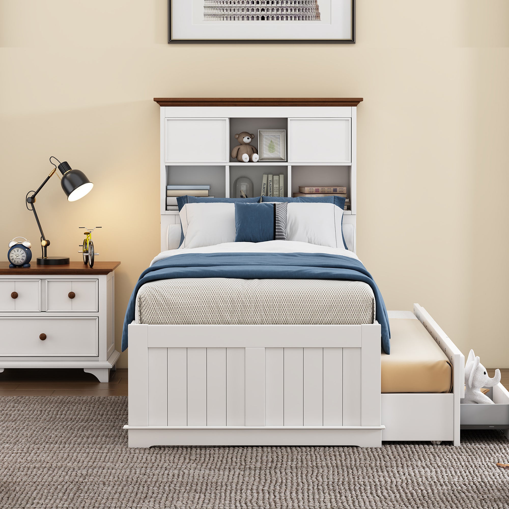 Solid Pine Wood Twin Bed with Trundle, Bookcase Headboard, and Storage Drawers