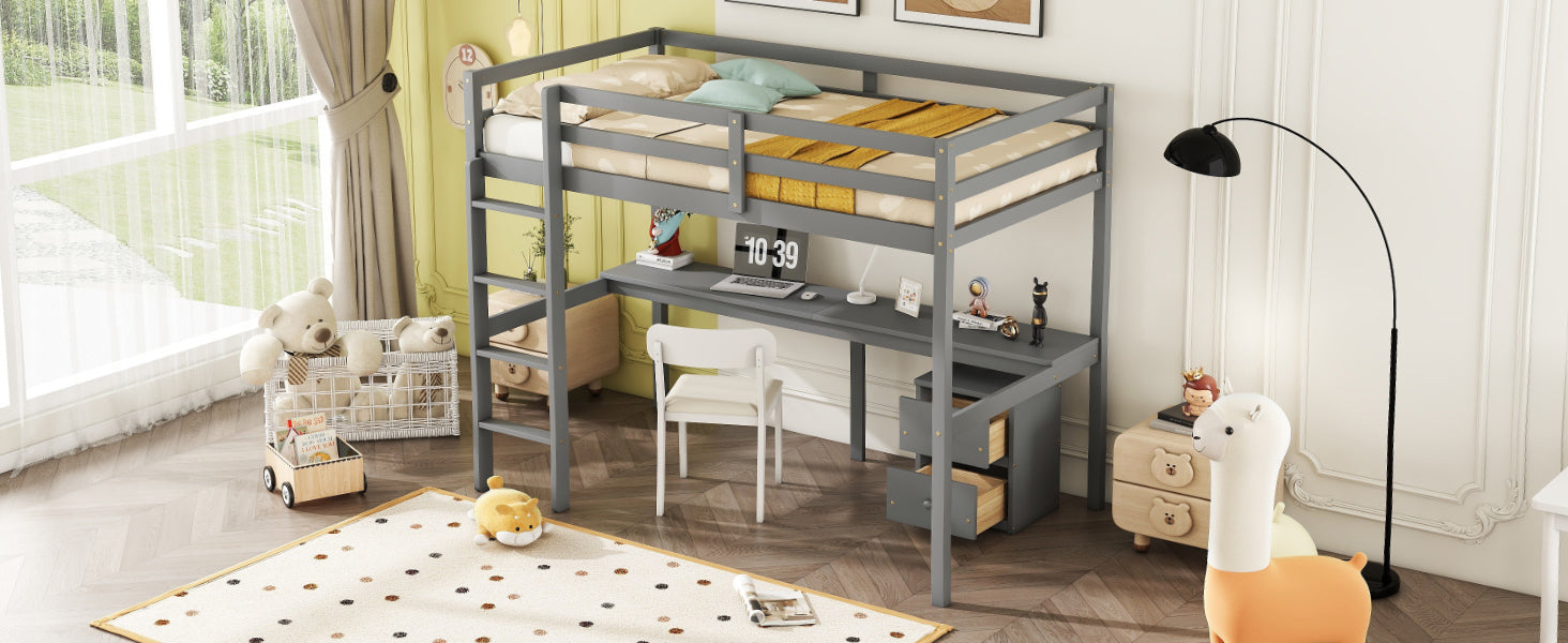 Twin Loft Wood Bed with Built-in Desk, Storage Cabinet, and Ladder