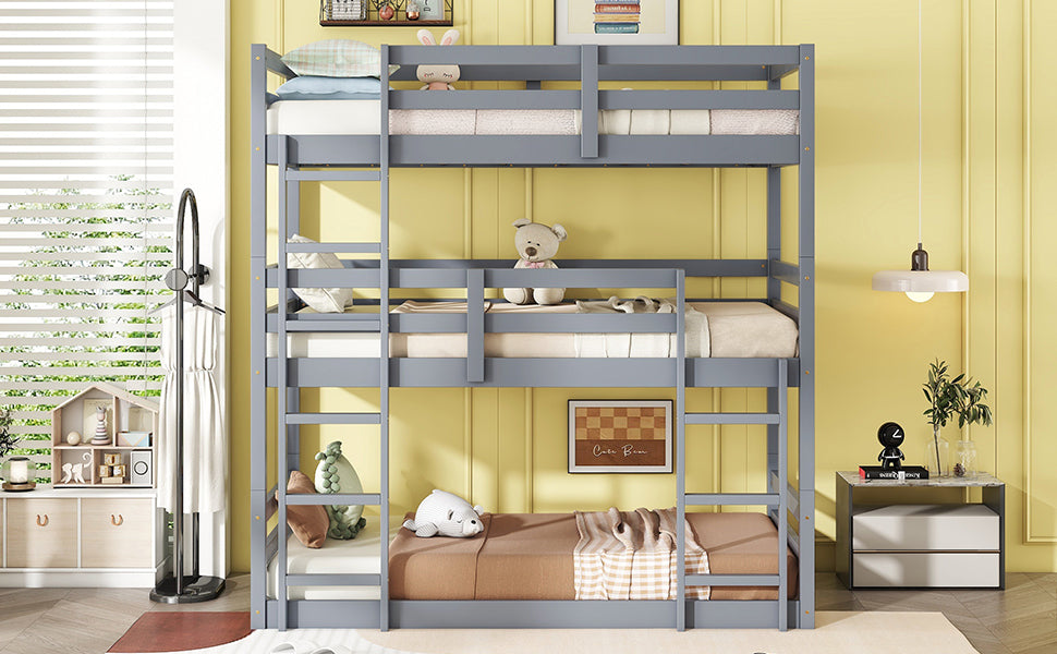 Gray Triple Rubber Wood Bunk Bed with Built-in Ladders and Guardrails