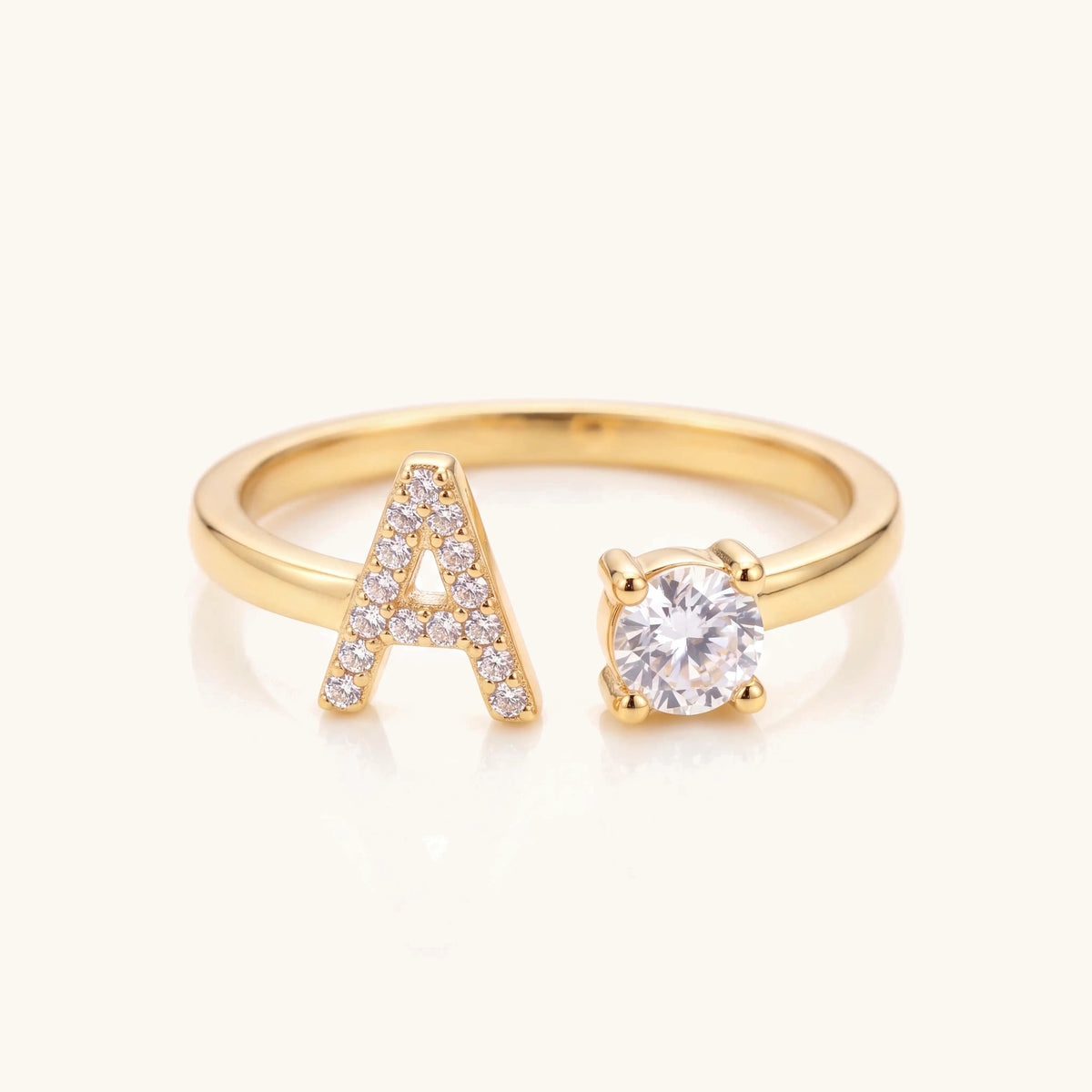 Adjustable Dainty Diamond Letter Initial Ring – gold open ring with pavé initial and solitaire stone
