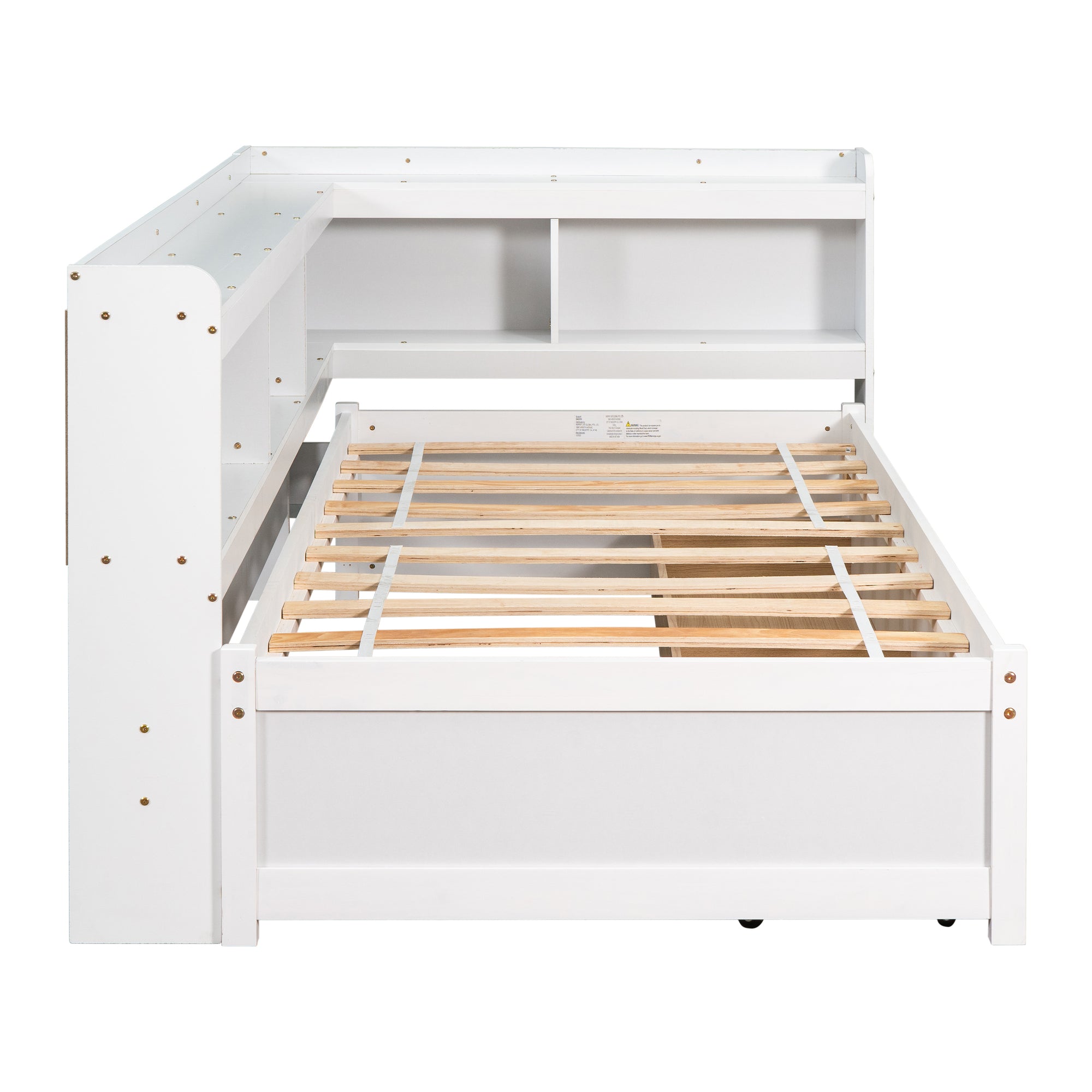 White Twin Bed with L-Shaped Bookcases and Storage Drawers