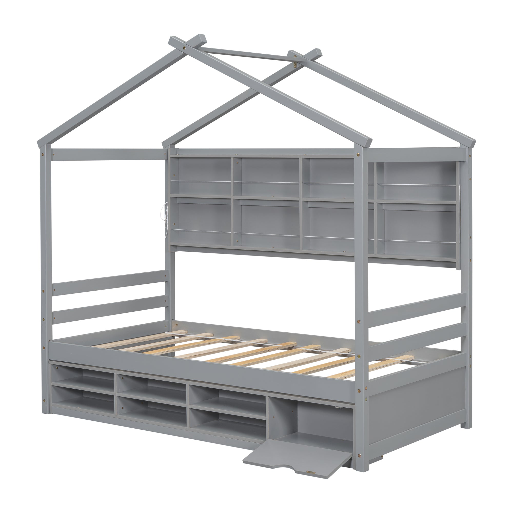 Gray Twin House Bed with Roof Frame, Bedside Shelves & Under-Bed Storage Unit