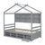 Gray Twin House Bed with Roof Frame, Bedside Shelves & Under-Bed Storage Unit