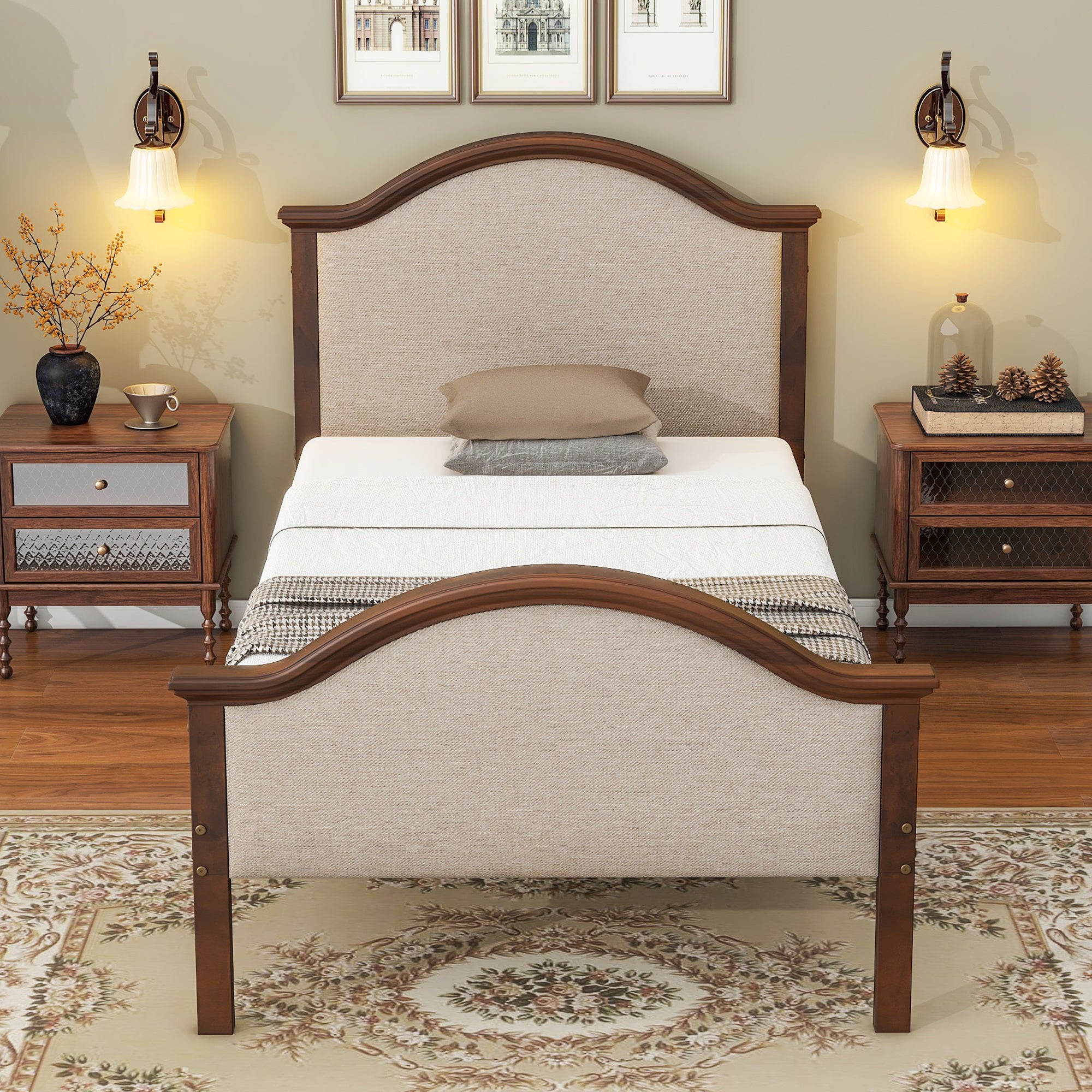 Walnut Finish Twin Size Bed Frame with Headboard and Footboard